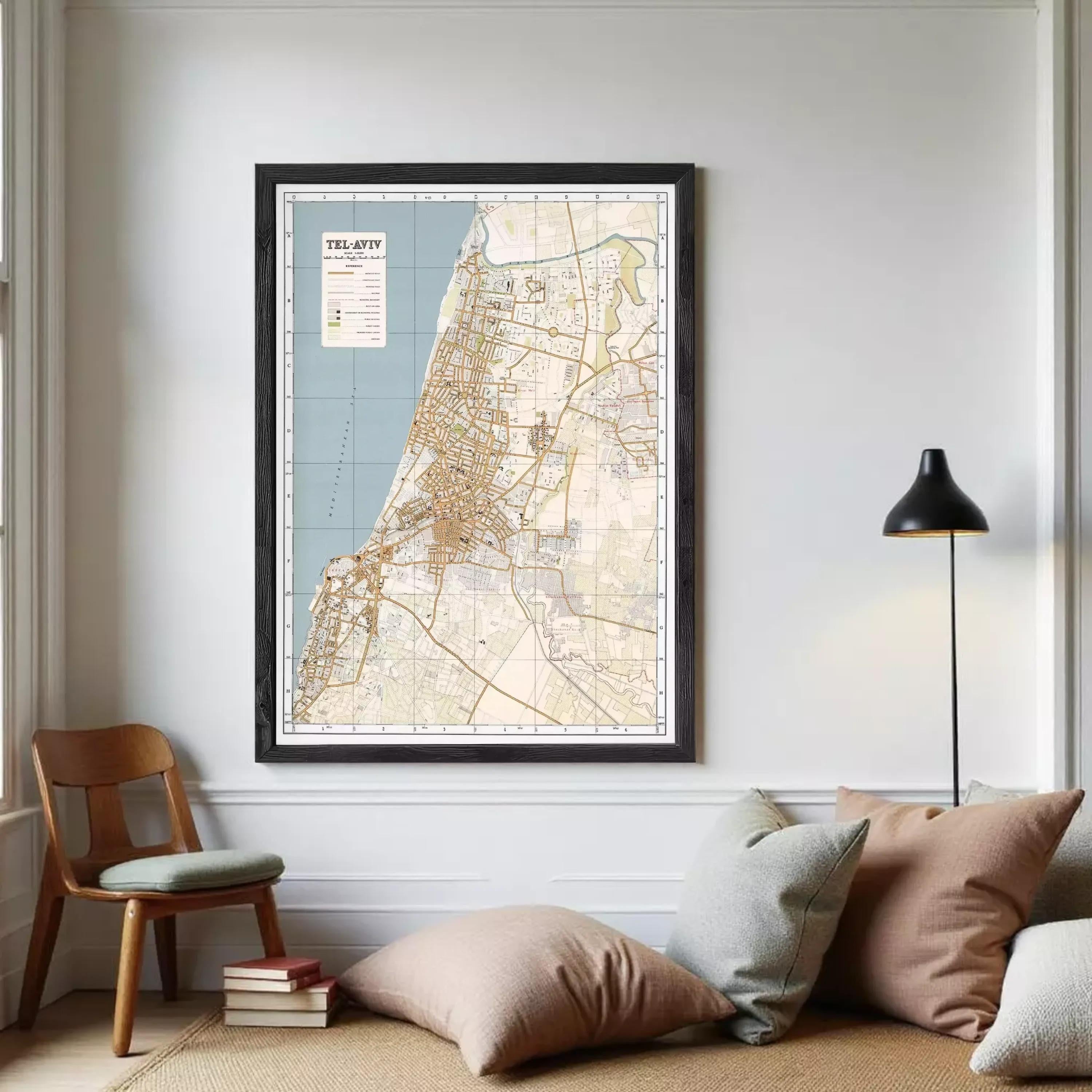 The image is a framed map of Tel Aviv, Israel, showing the city's streets, landmarks, and surrounding areas.