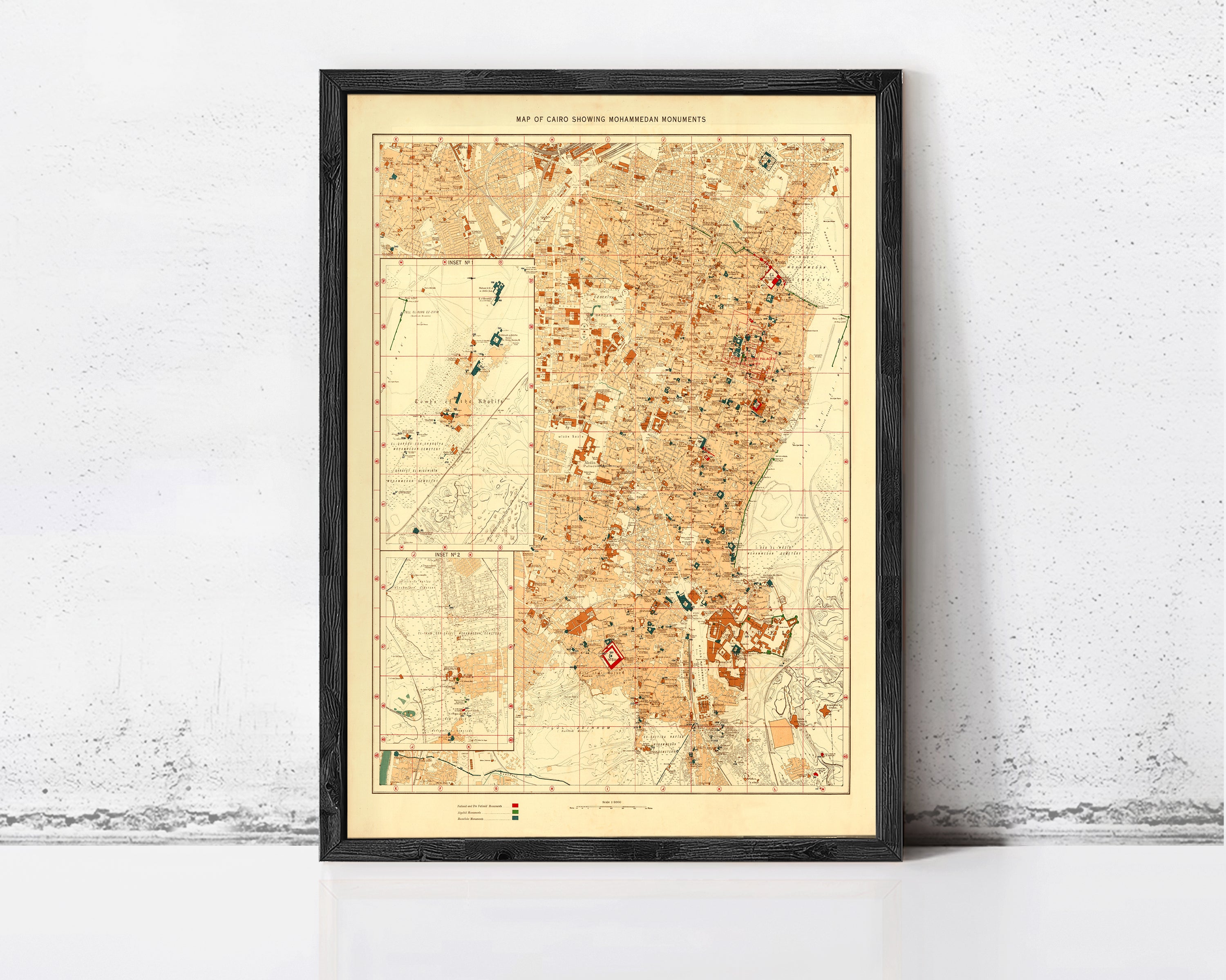 The image is a framed vintage map of a region, likely from the early 20th century, depicting various landmarks and geographical features.