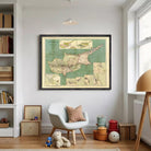 The image is a framed vintage map of Cyprus, depicting the country's geographical layout and surrounding areas.