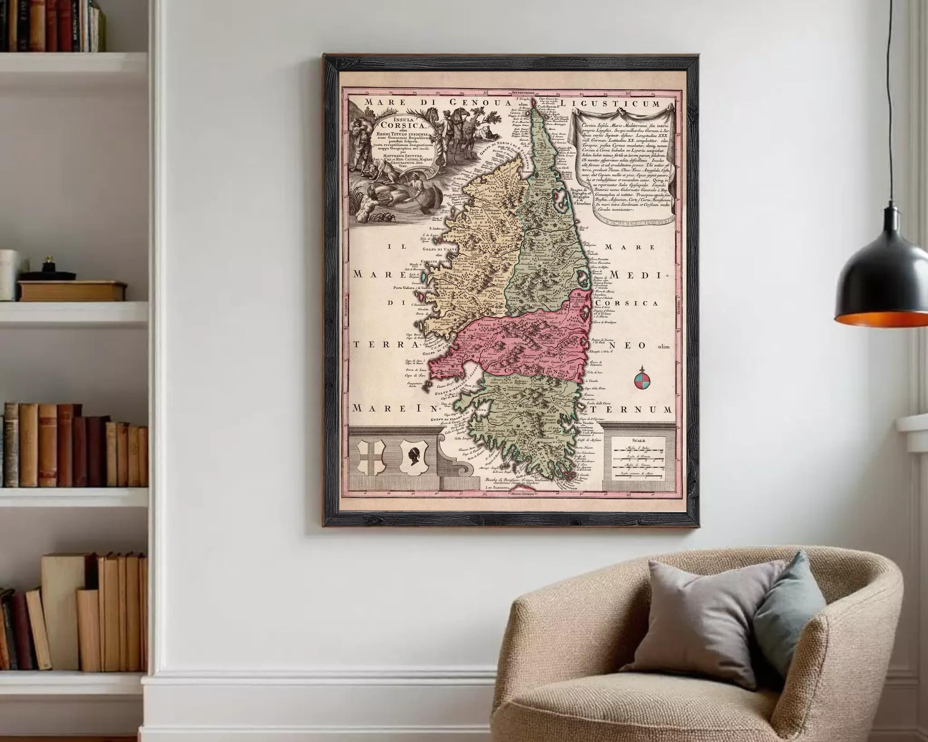 The image is a framed antique map of a region, likely a map of Europe or the Mediterranean, with various labels and details.