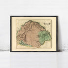 The image is a framed map of Hungary, depicting the country's geographical layout and boundaries.