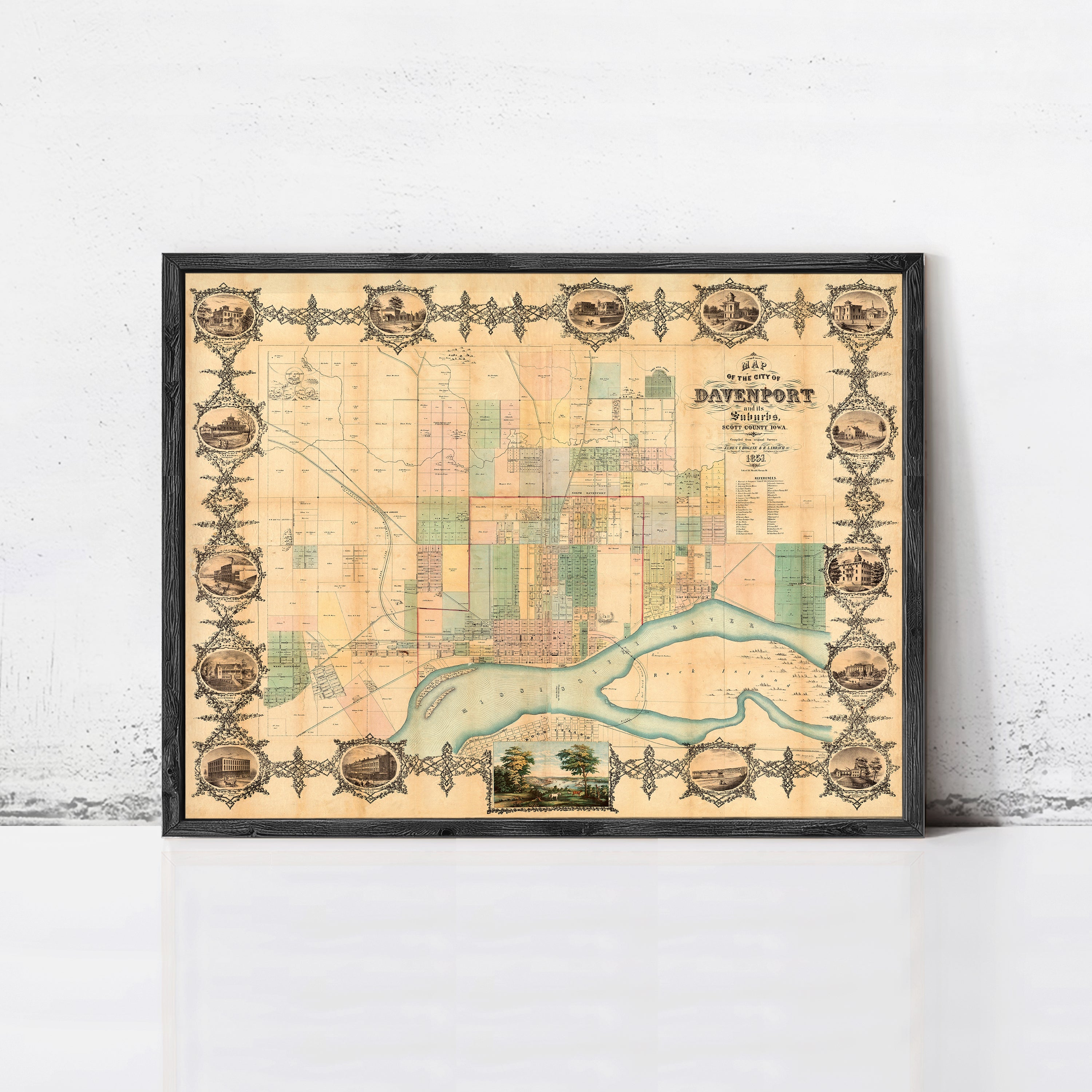 The image is a framed vintage map of the city of Davignon, France, depicting the city's layout and surrounding areas.