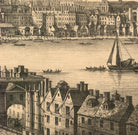 The image is a detailed illustration of a cityscape with buildings, boats, and a river.