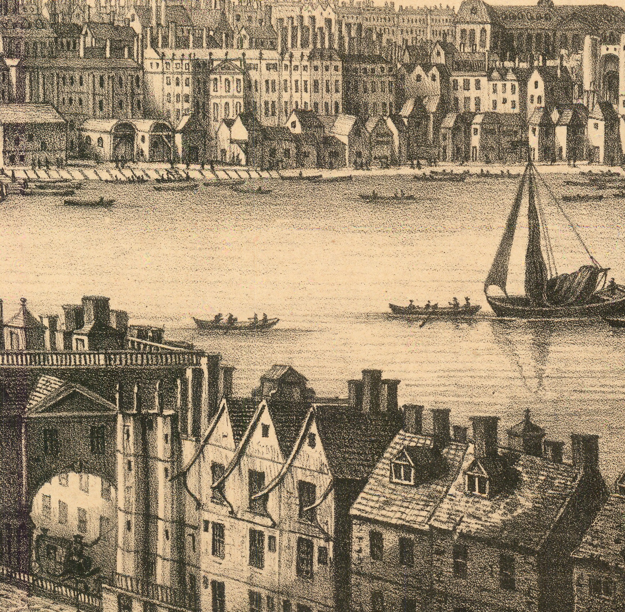 The image is a detailed illustration of a cityscape with buildings, boats, and a river.
