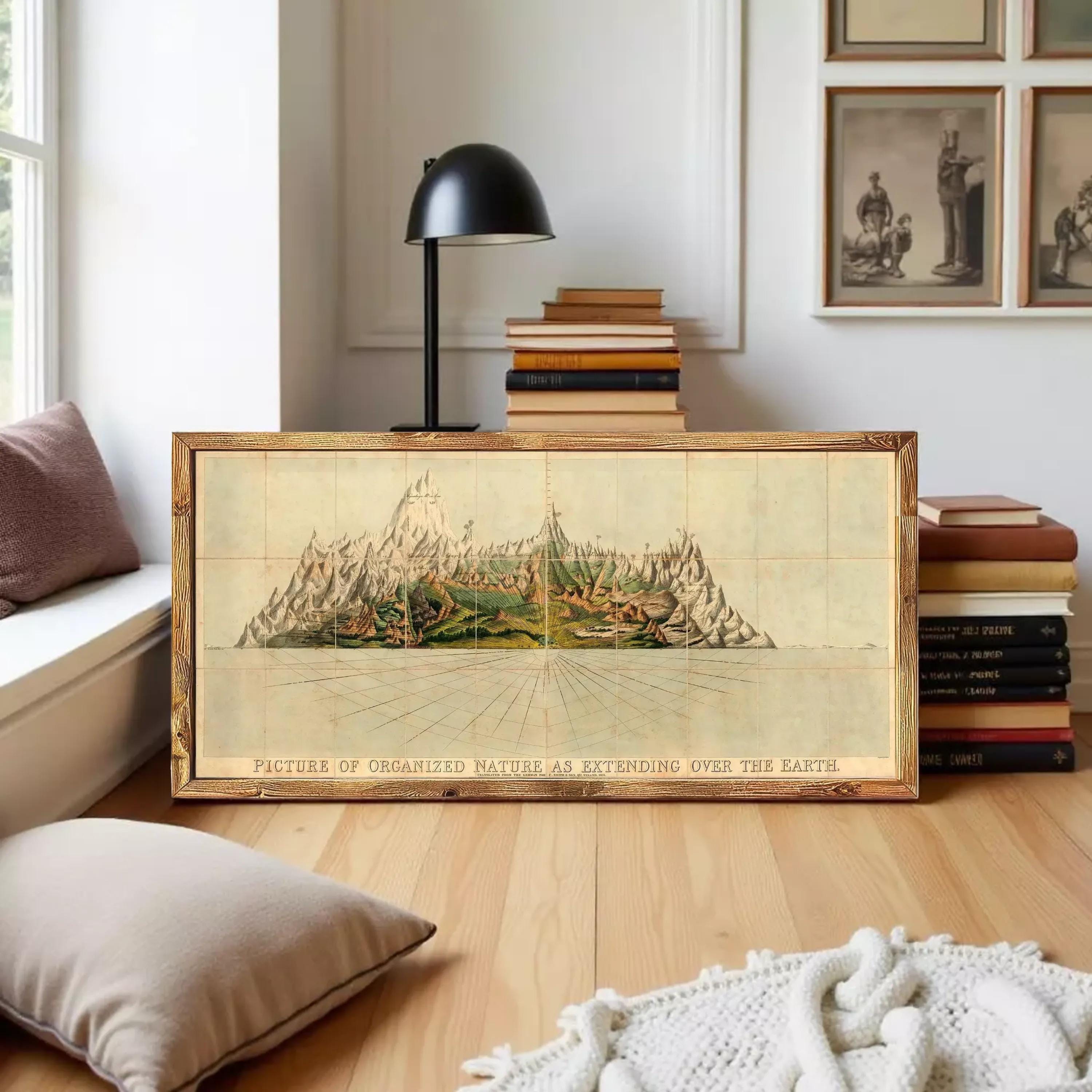 A framed illustration depicting a mountainous landscape with a body of water in the foreground.