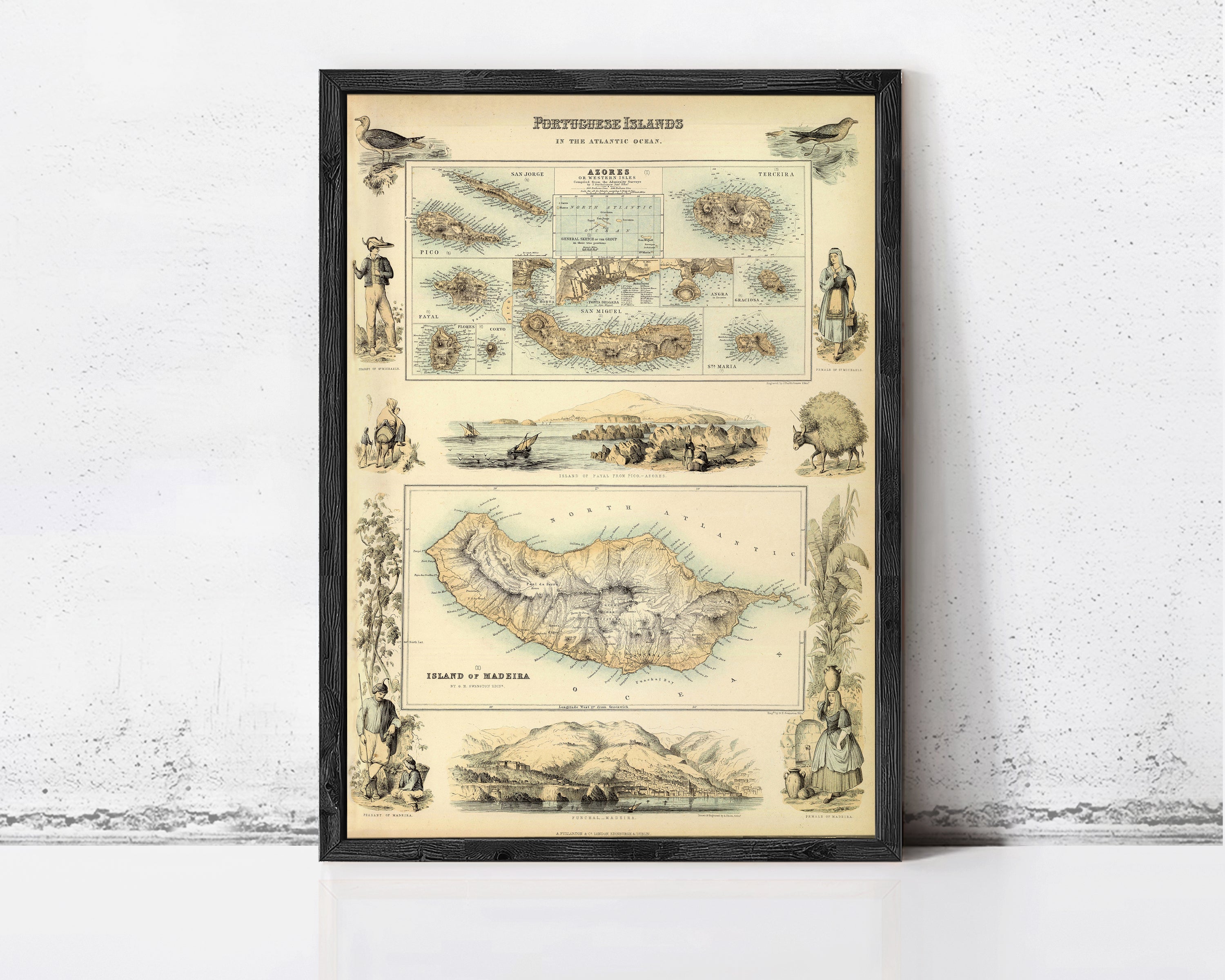 The image is a framed vintage map of the Portuguese islands, featuring various illustrations and labels.