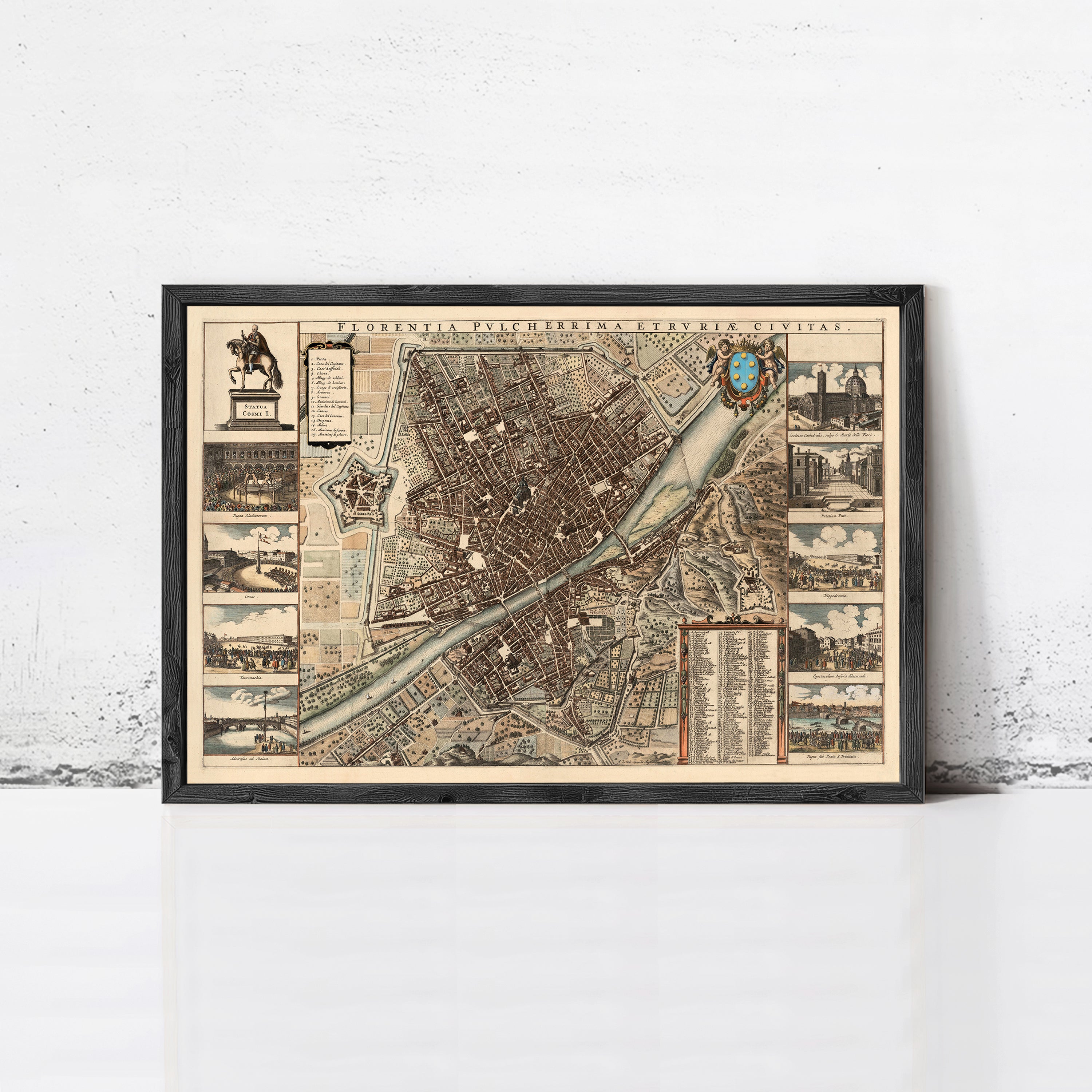 The image is a framed vintage map of Florence, Italy, depicting the city's layout and surrounding areas.