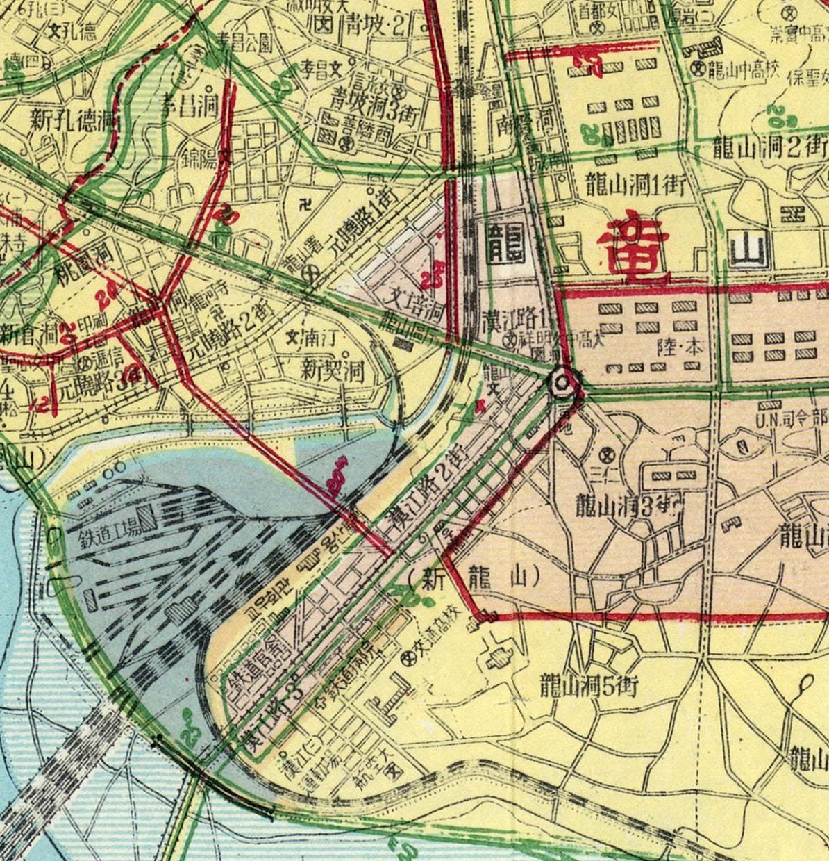 The image is a detailed map of a city, showing various streets, buildings, and landmarks. The map includes a mix of red and green colors, as well as some text in a foreign language. The map appears to be a collage of multiple images, and it is not possible to describe each individual image in detail without resorting to redundancy or vague wording.