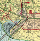 The image is a detailed map of a city, showing various streets, buildings, and landmarks. The map includes a mix of red and green colors, as well as some text in a foreign language. The map appears to be a collage of multiple images, and it is not possible to describe each individual image in detail without resorting to redundancy or vague wording.