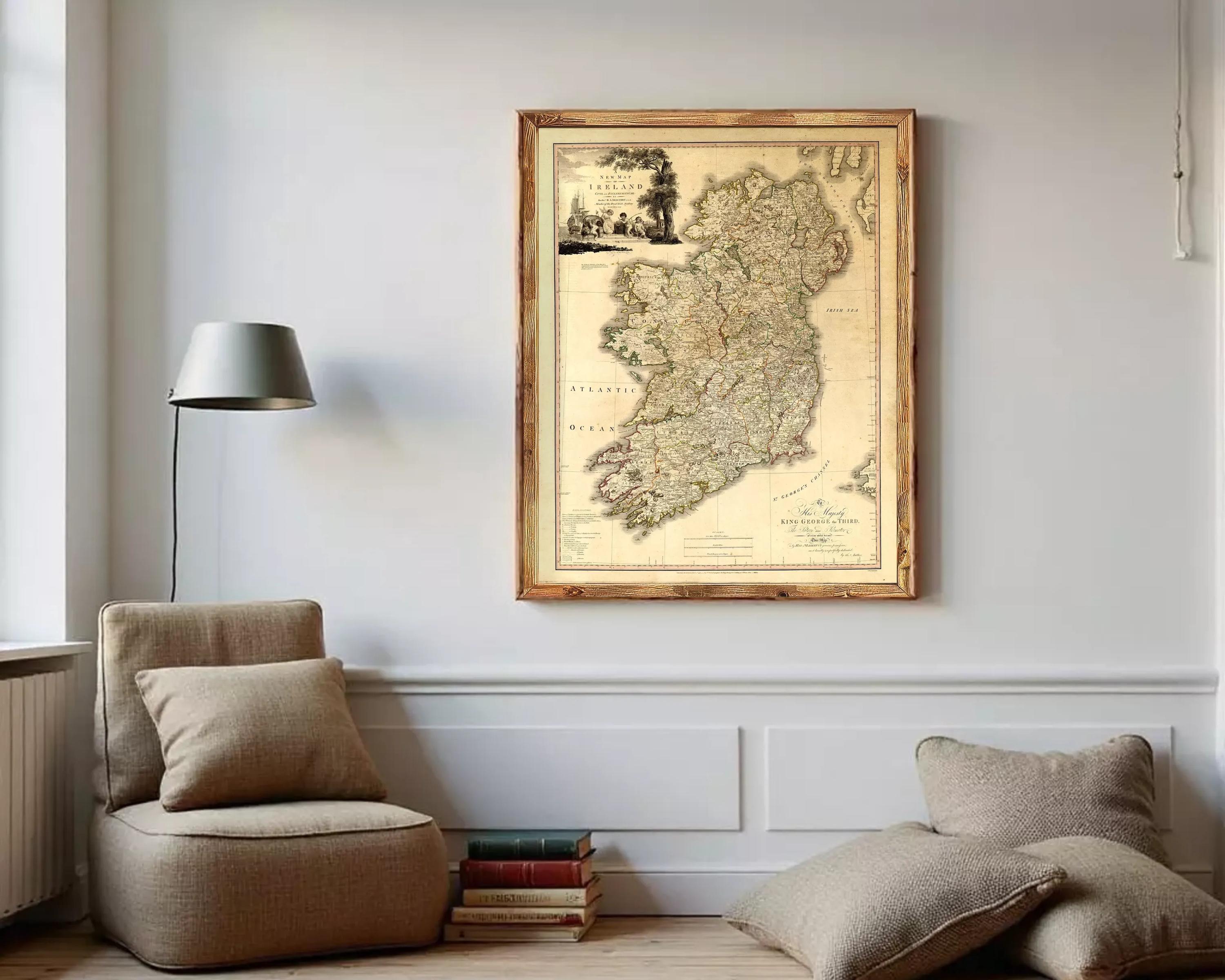 The image is a framed map of Ireland, depicting the country's geographical layout and surrounding areas.
