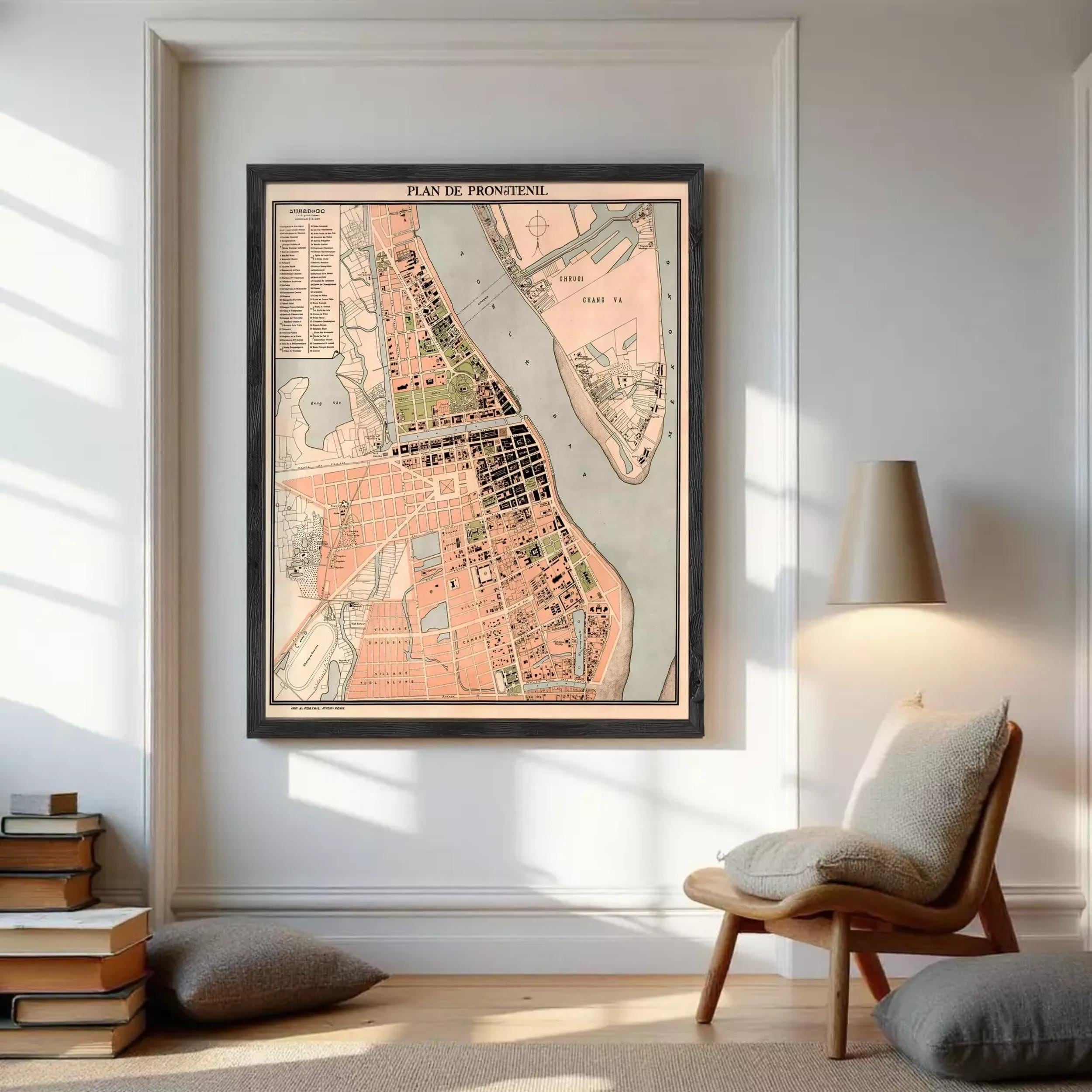 The image is a framed map of a city, likely from the 19th century, depicting a detailed layout of the city's streets, buildings, and other landmarks.