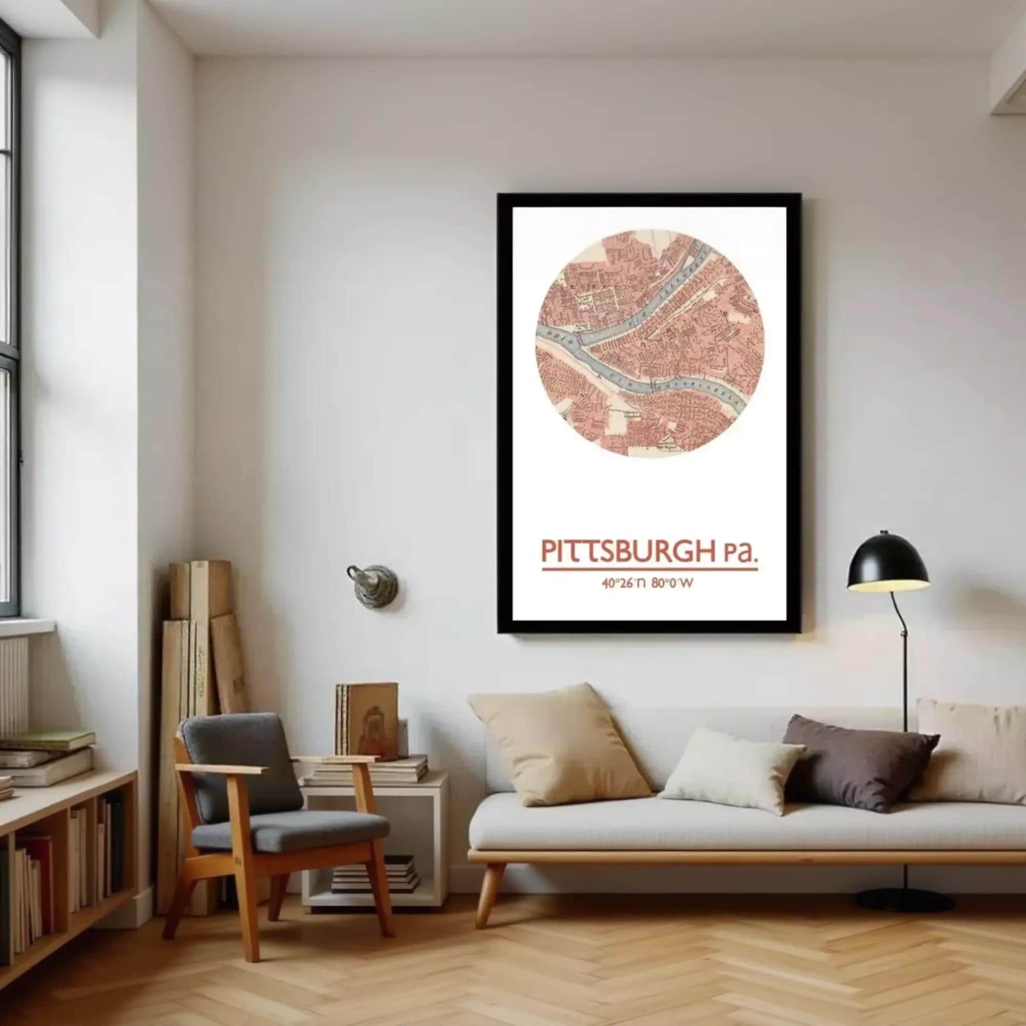a living room with a large framed map of Pittsburgh, Pennsylvania, hanging on the wall. The map is circular and has a map-like design. The room is furnished with a couch, a chair, and a bookshelf. There are also some books and a lamp in the room.