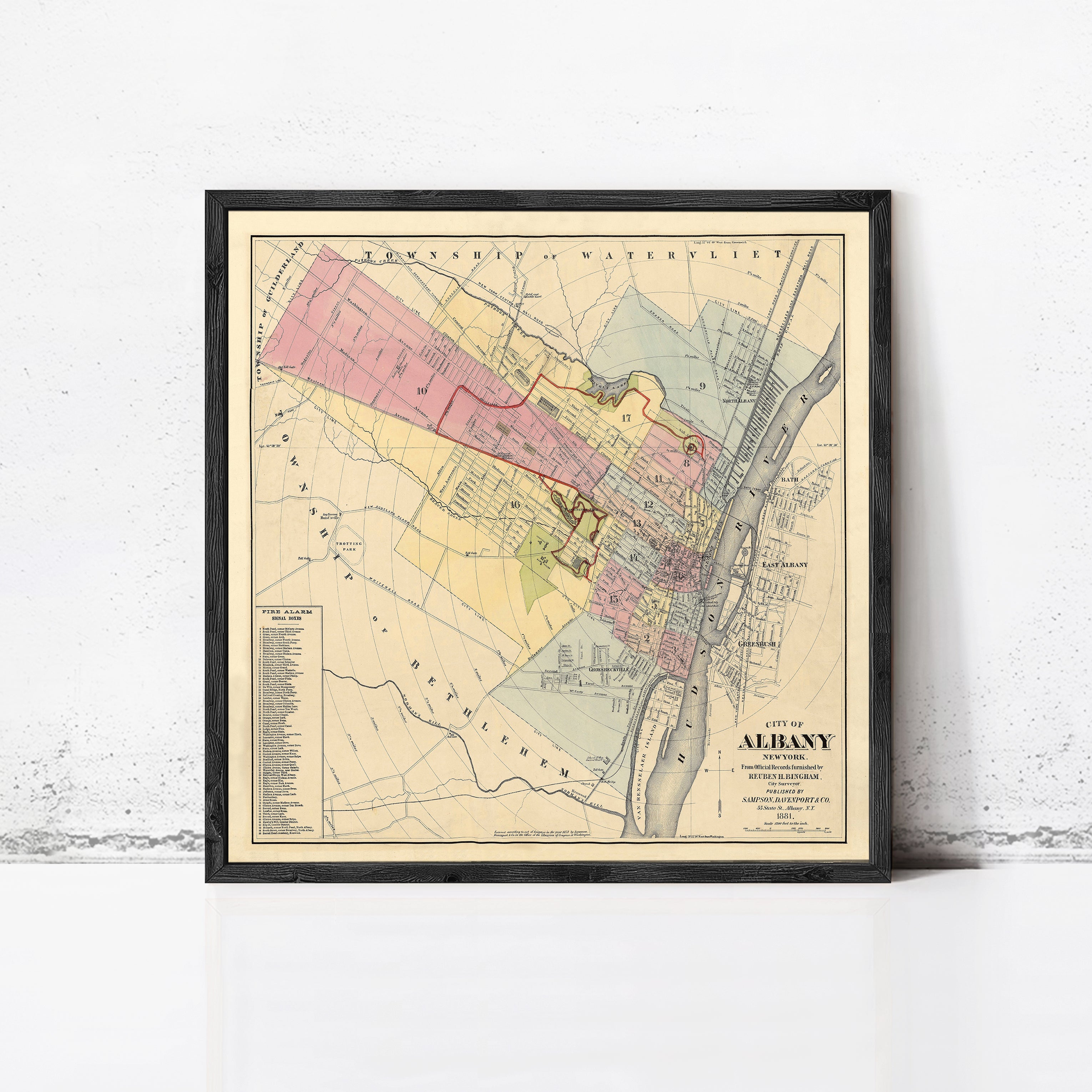 The image is a framed map of the town of Albany, New York, showing the layout of the streets, buildings, and other geographic features.