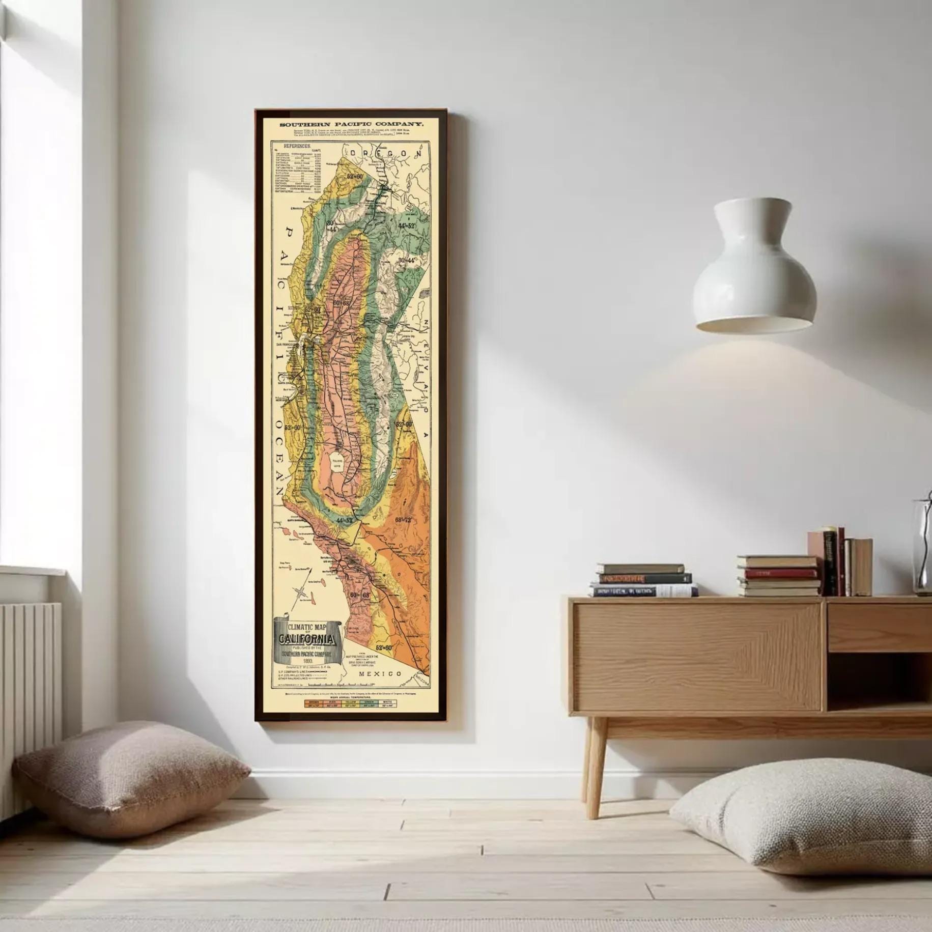 The image is a framed vintage map of California, showing the state's geographical features and boundaries.