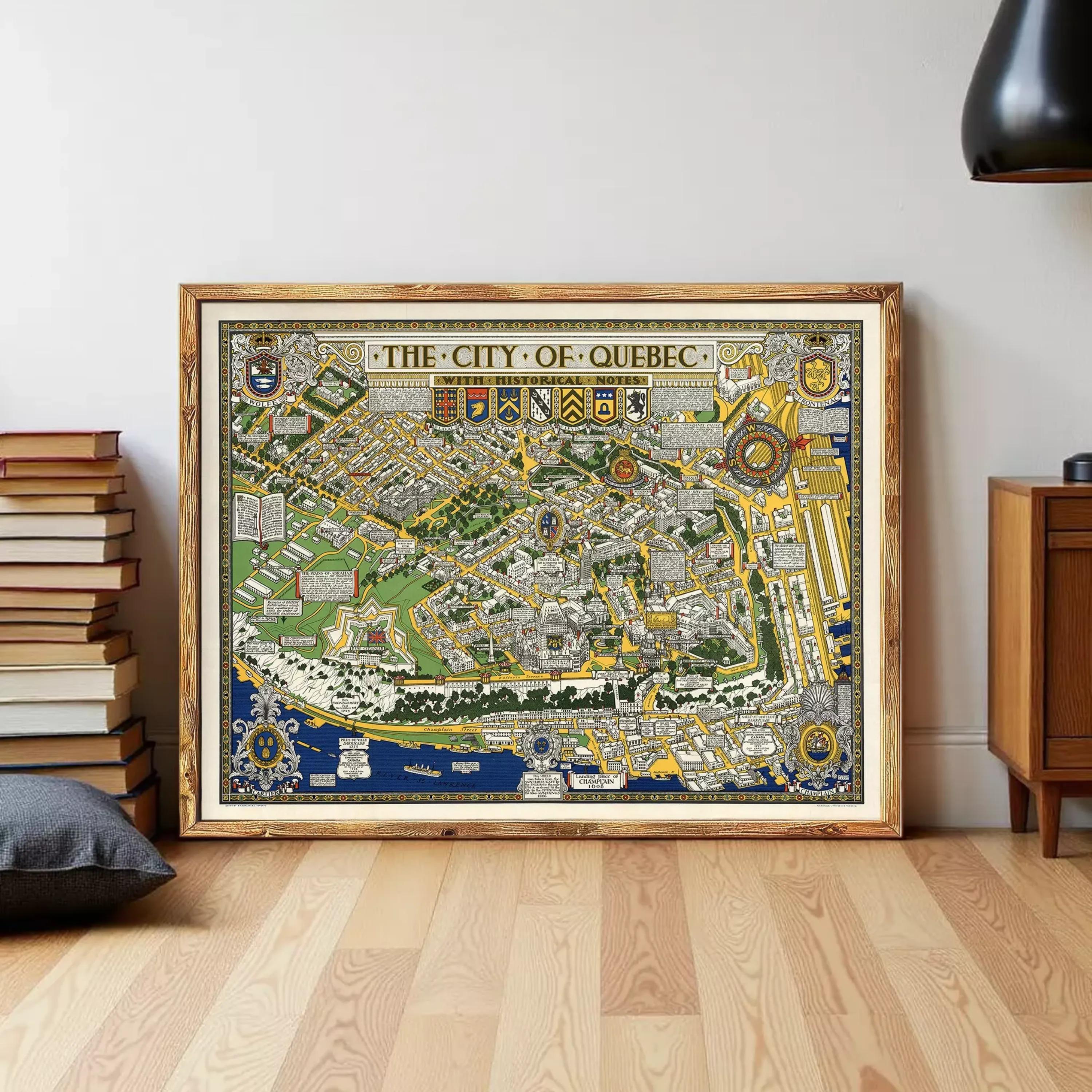 The image is a framed vintage map of the city of Quebec, Canada.