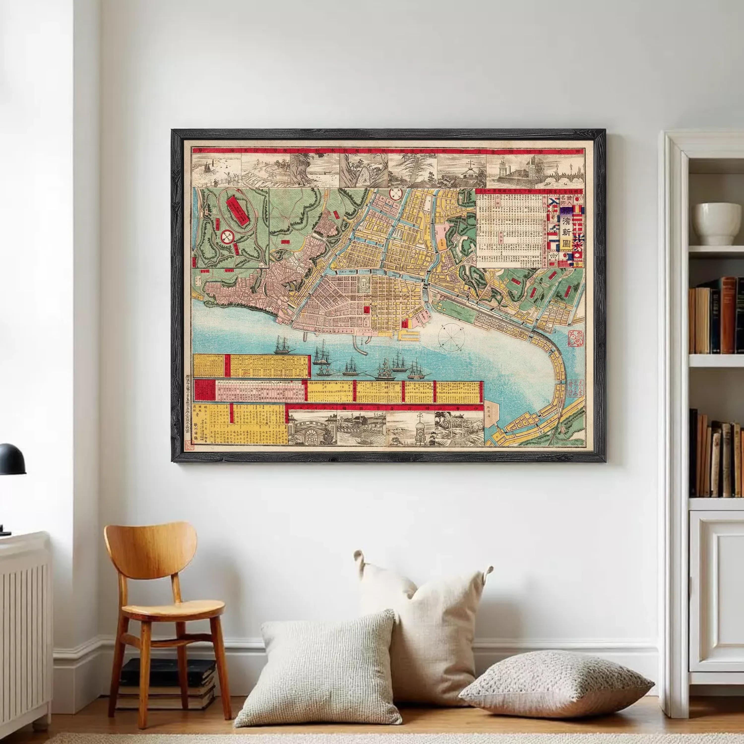 The image is a framed vintage map of a city, depicting various landmarks and geographical features.