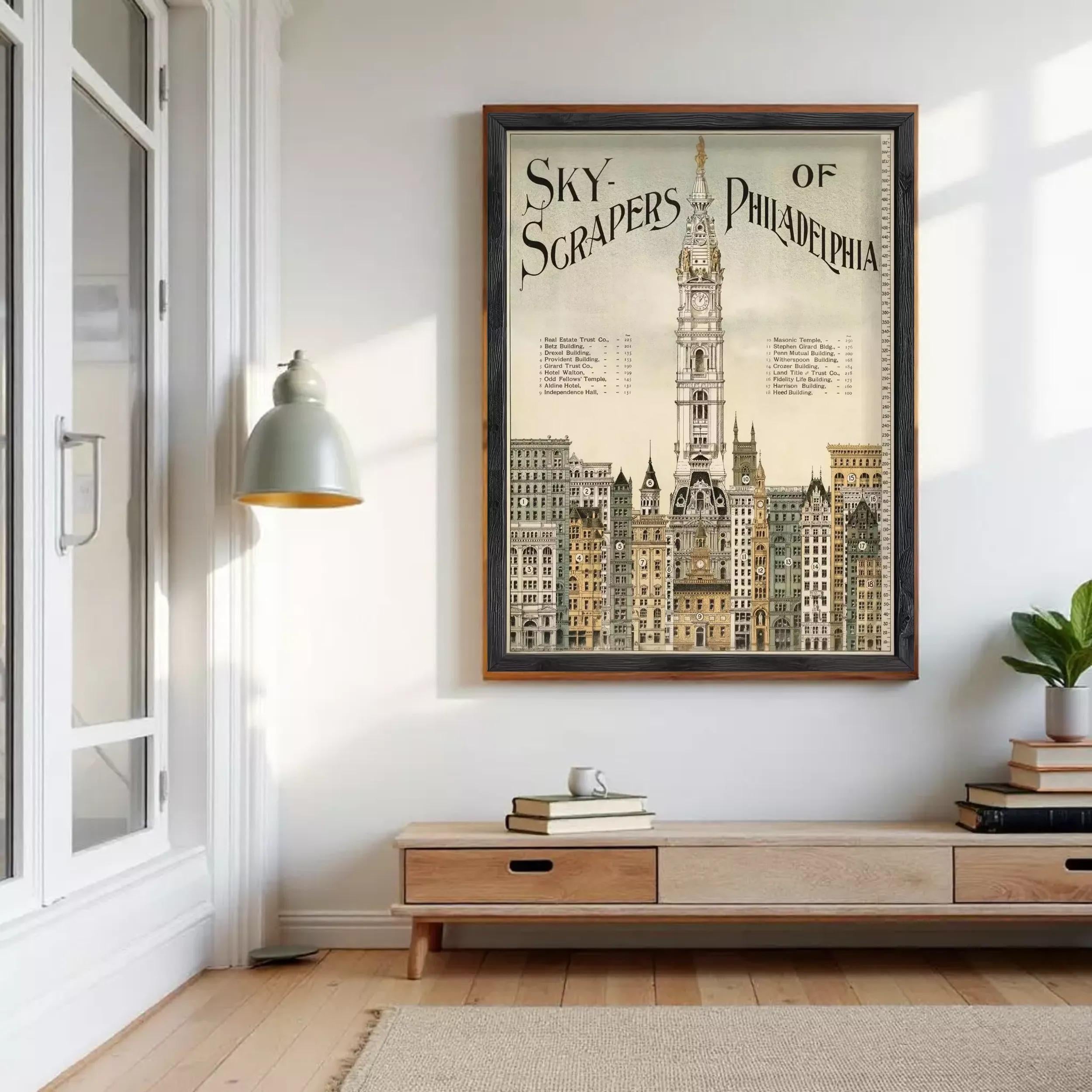 a framed poster of the Philadelphia skyline hanging on a wall, with a wooden table and a plant in the foreground.