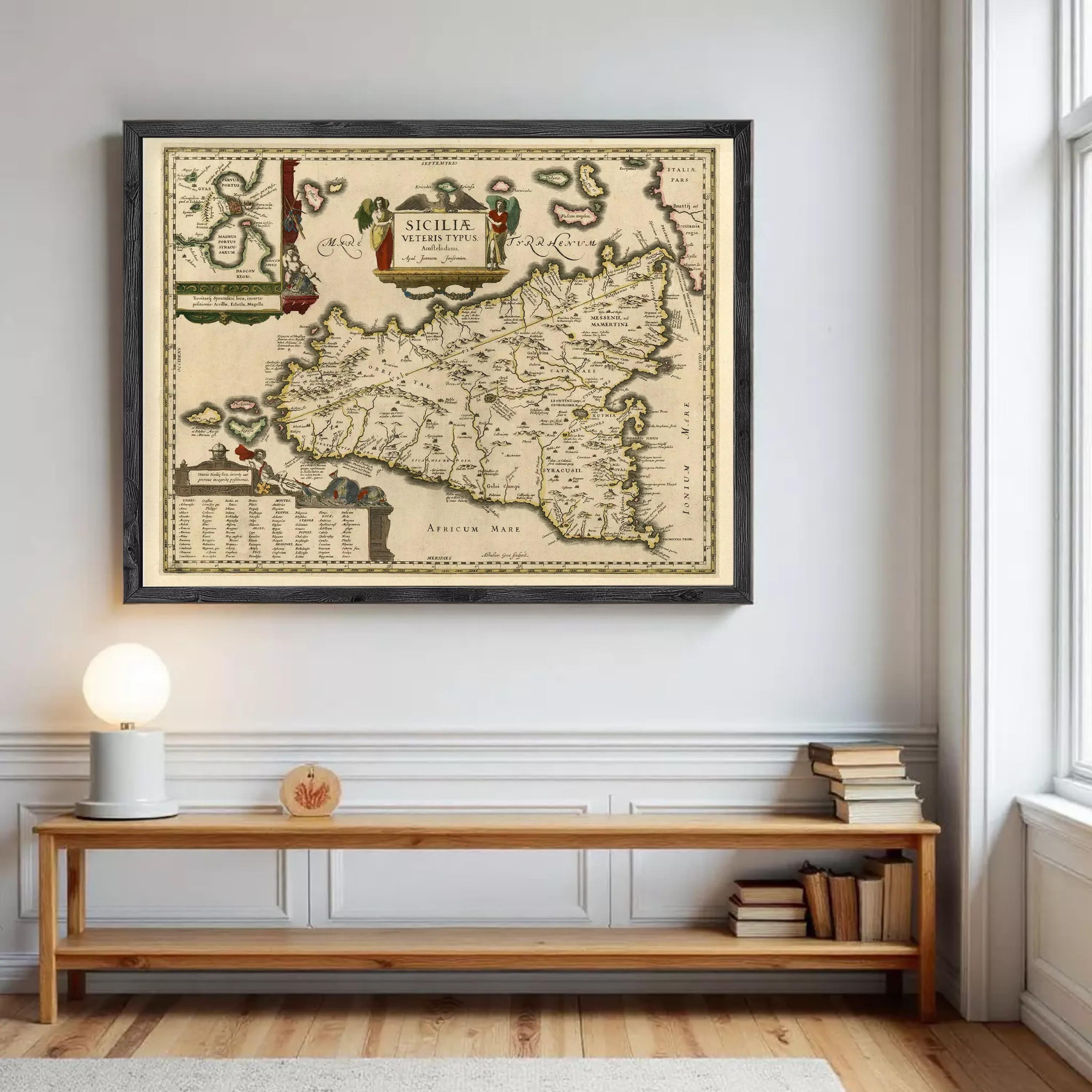 a large framed map of Sicily hanging on a wall above a wooden shelf with books and a small wooden figurine.