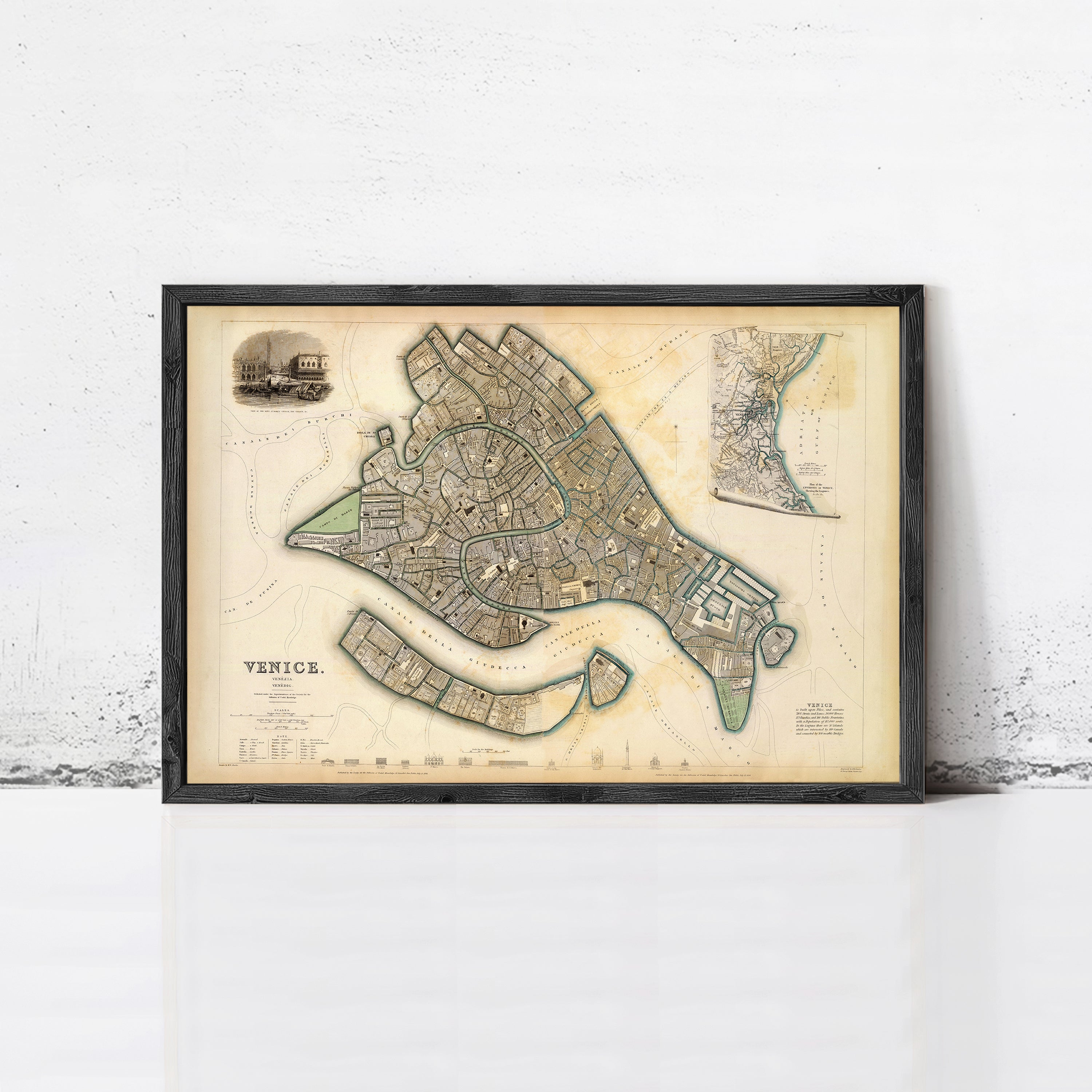 The image is a framed vintage map of Venice, Italy, depicting the city's layout and surrounding areas.