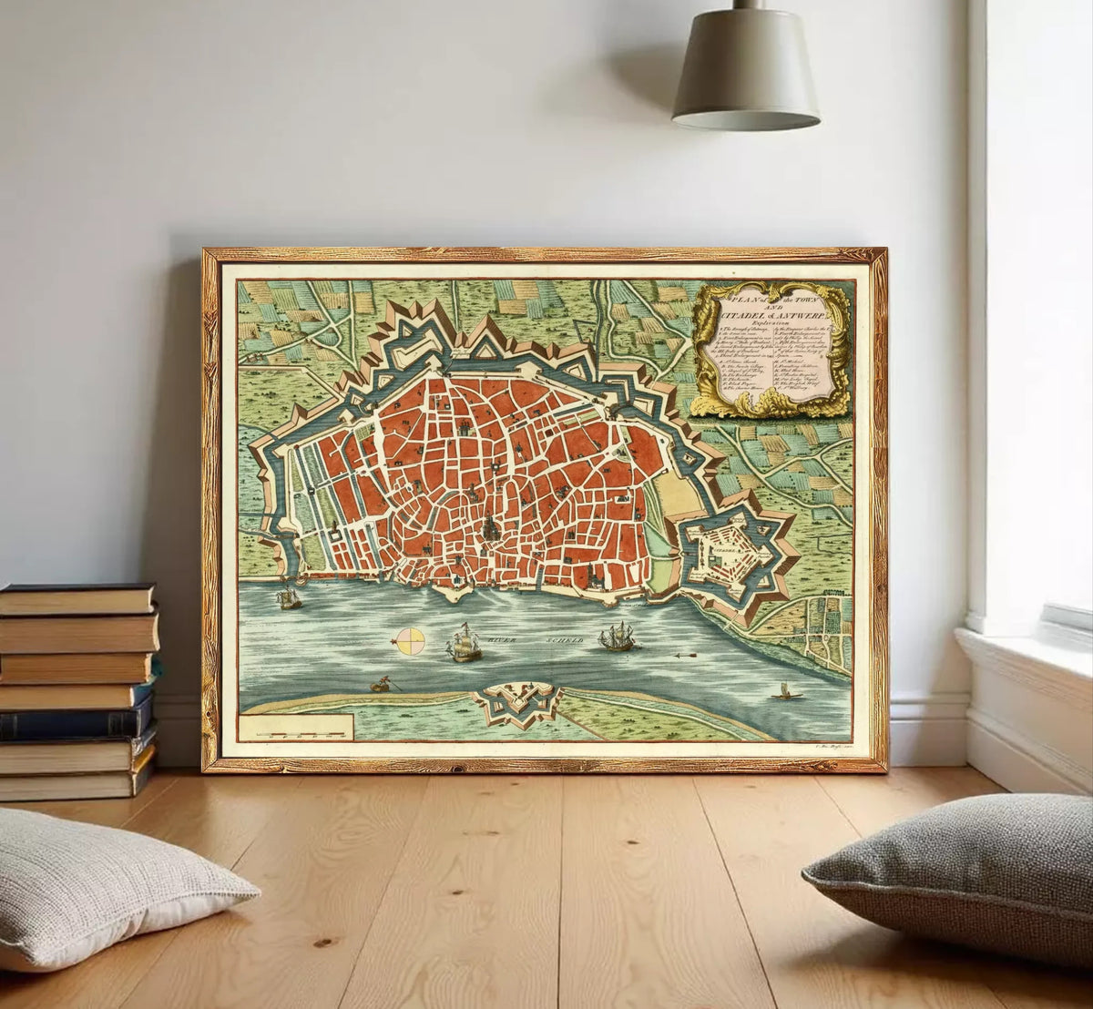 The image is a framed vintage map of a city, depicting a detailed layout of the streets, buildings, and surrounding landscape.