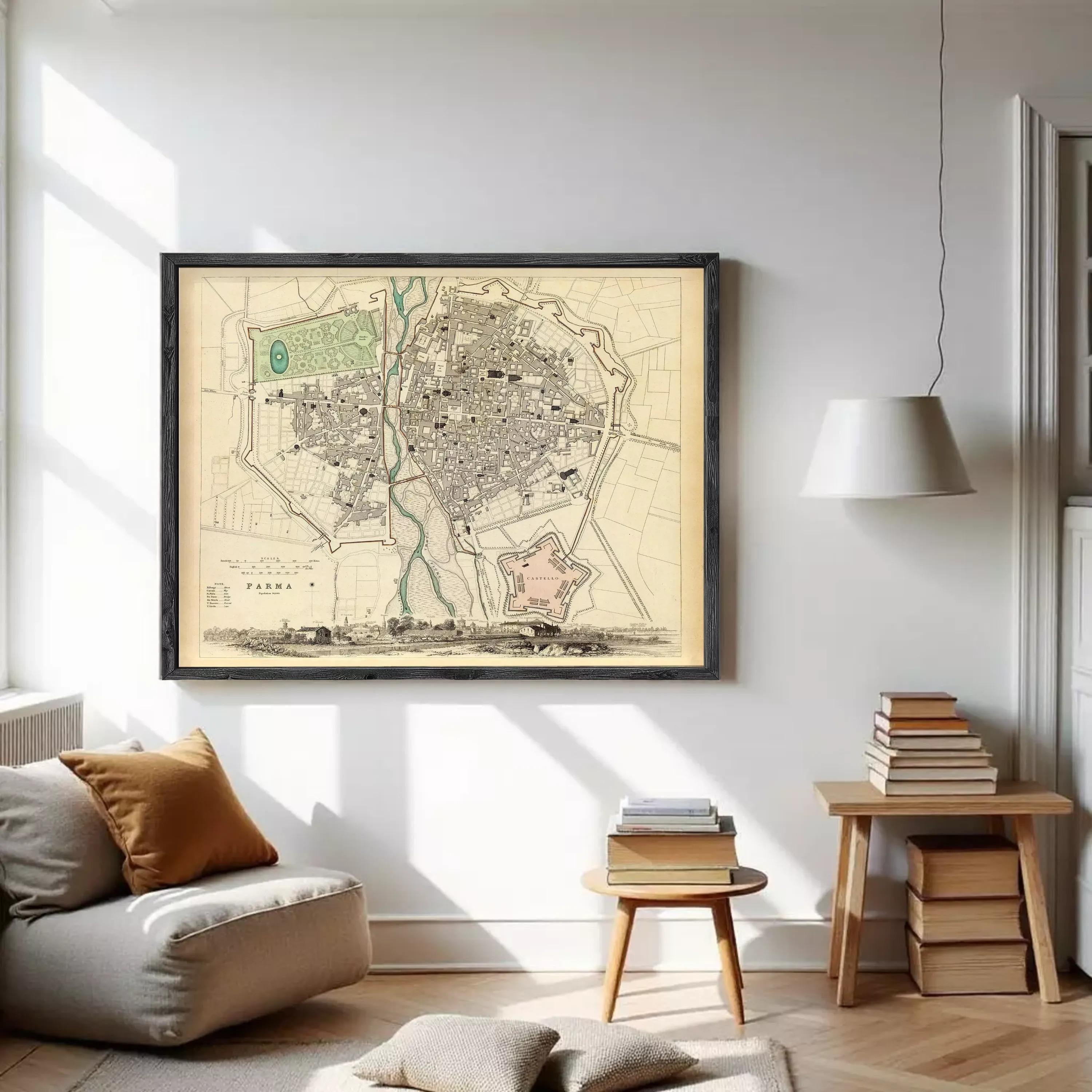 The image is a framed vintage map of a city, depicting a detailed layout of the streets, buildings, and other urban features.