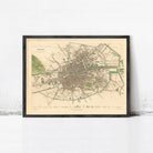 The image is a framed vintage map of Dublin, Ireland, depicting the city's layout and surrounding areas.