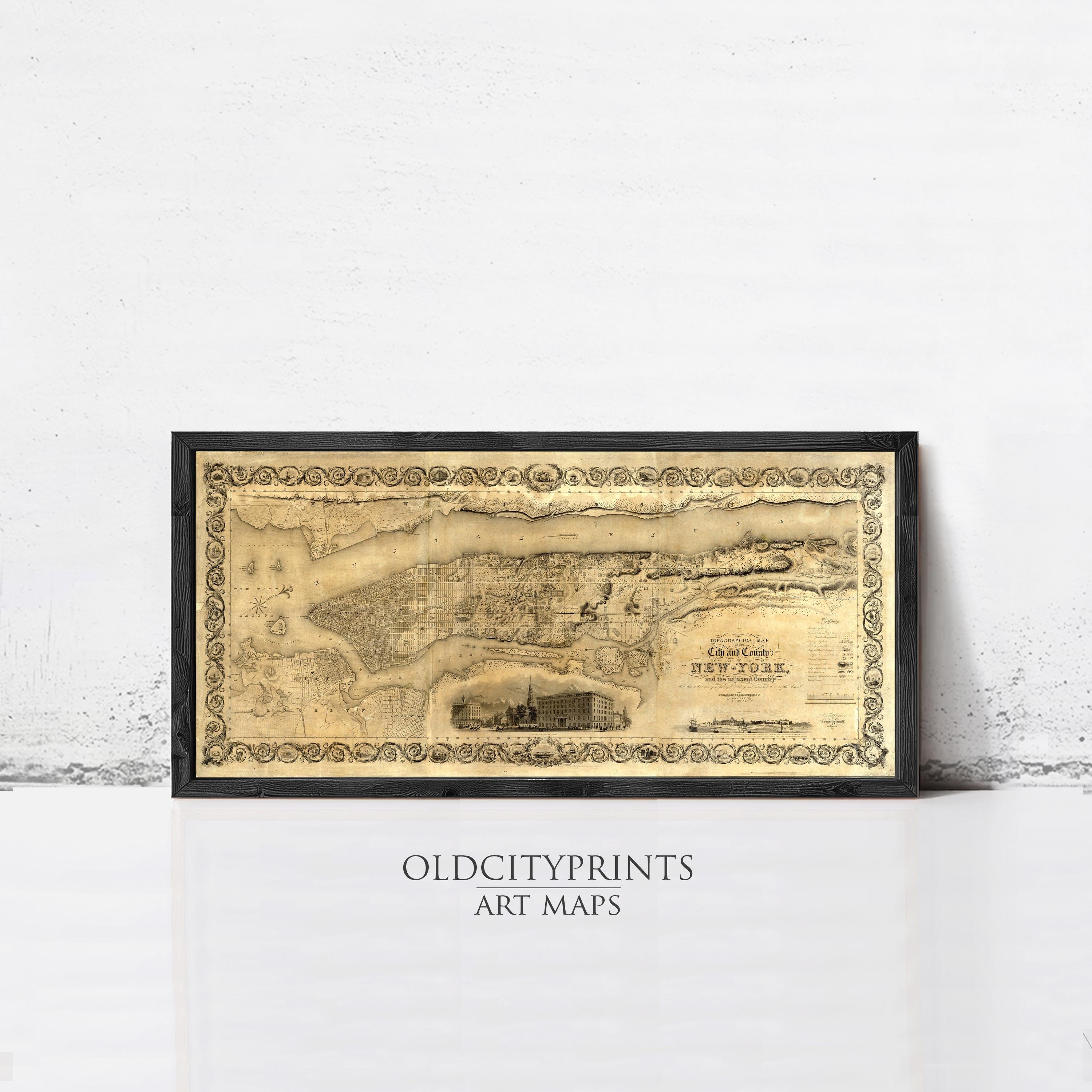 The image is a framed art print depicting a map of New York.