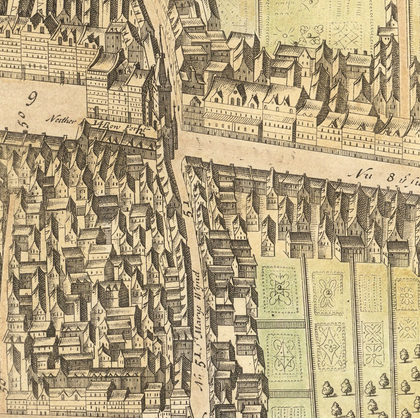The image is a detailed map of a city, showing various buildings, streets, and other urban elements. The map appears to be old and possibly hand-drawn, with intricate architectural details and a vintage style.