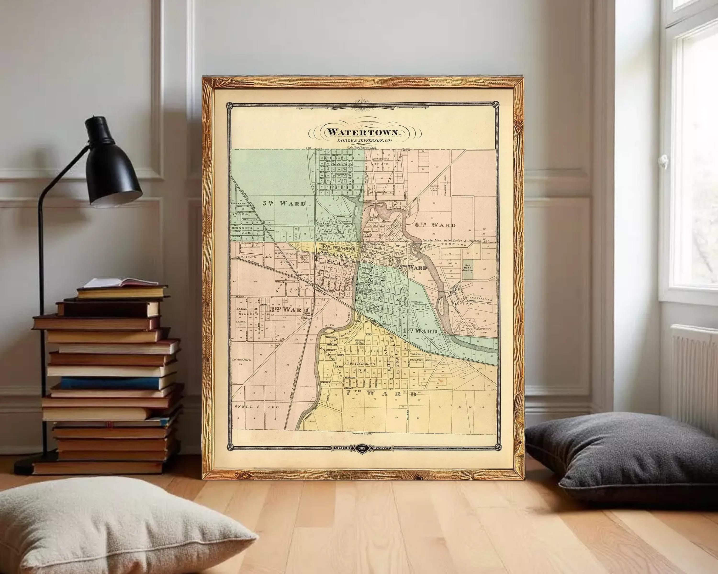 The image is a framed antique map of Watertown, Pennsylvania, depicting the town and surrounding areas in a vintage style.