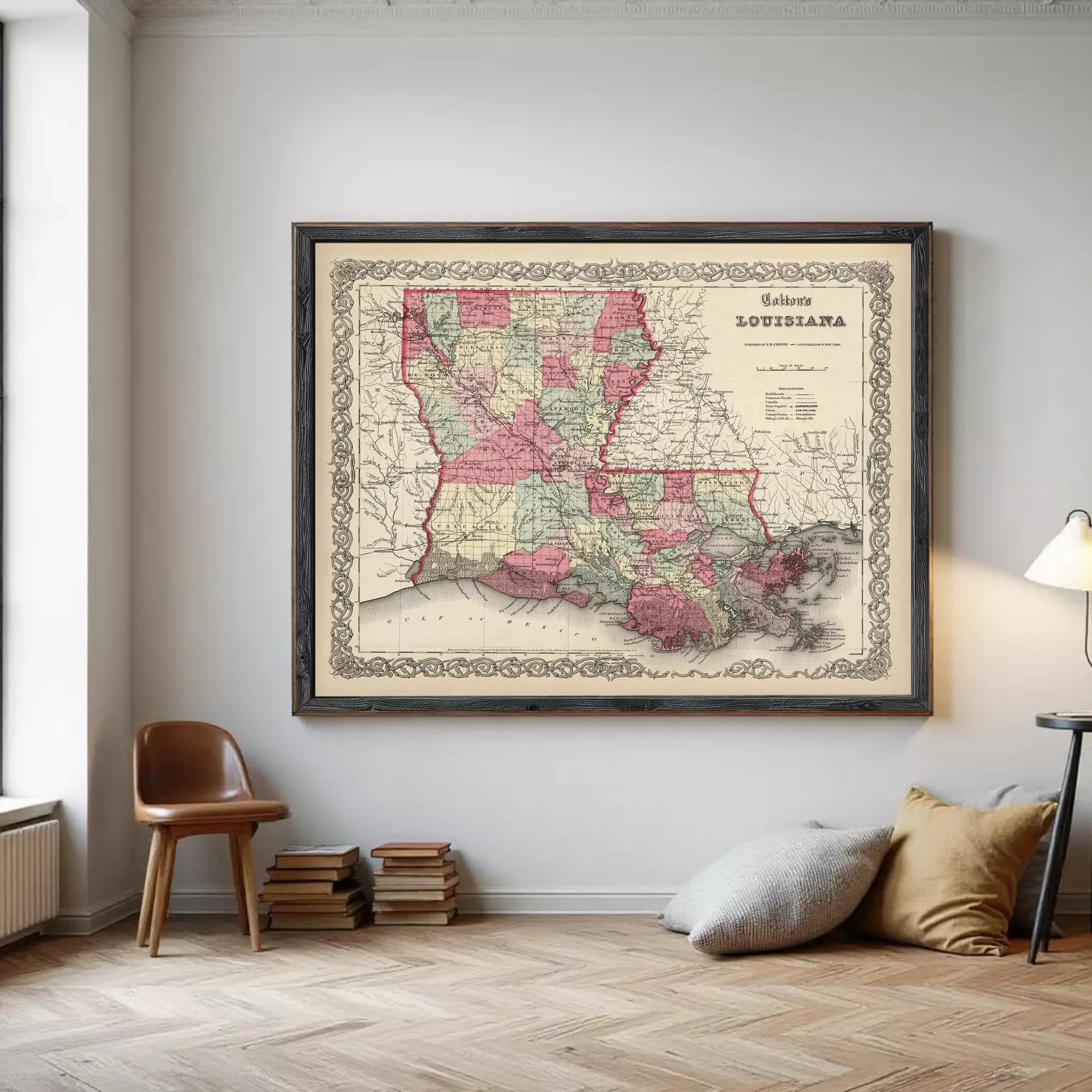 The image is a framed vintage map of Louisiana, depicting the state in a detailed and colorful manner.