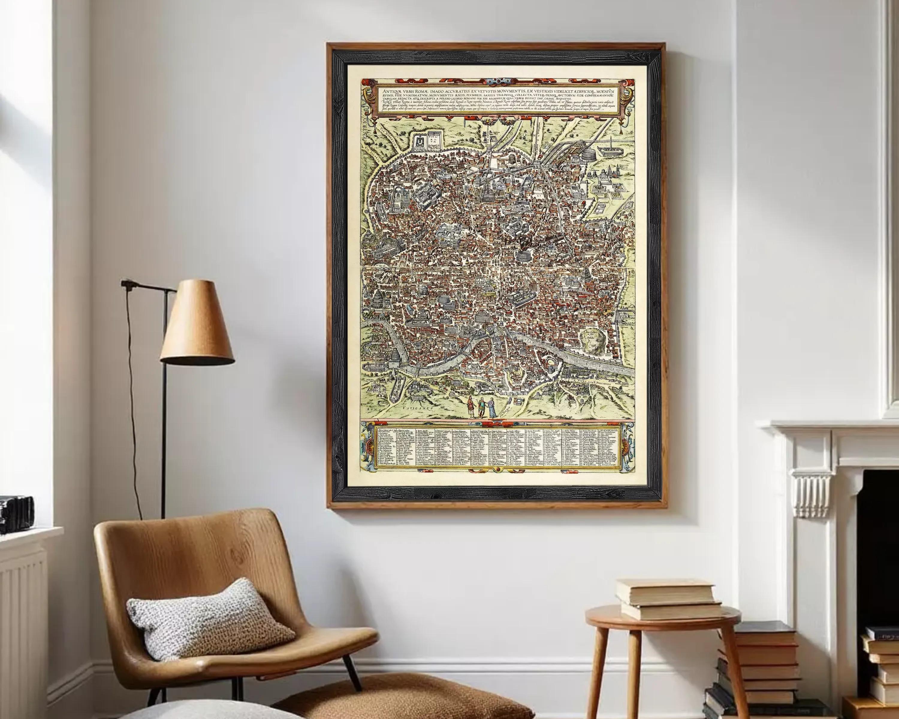 The image is a framed vintage map of a city, likely Paris, with intricate details and a detailed layout.