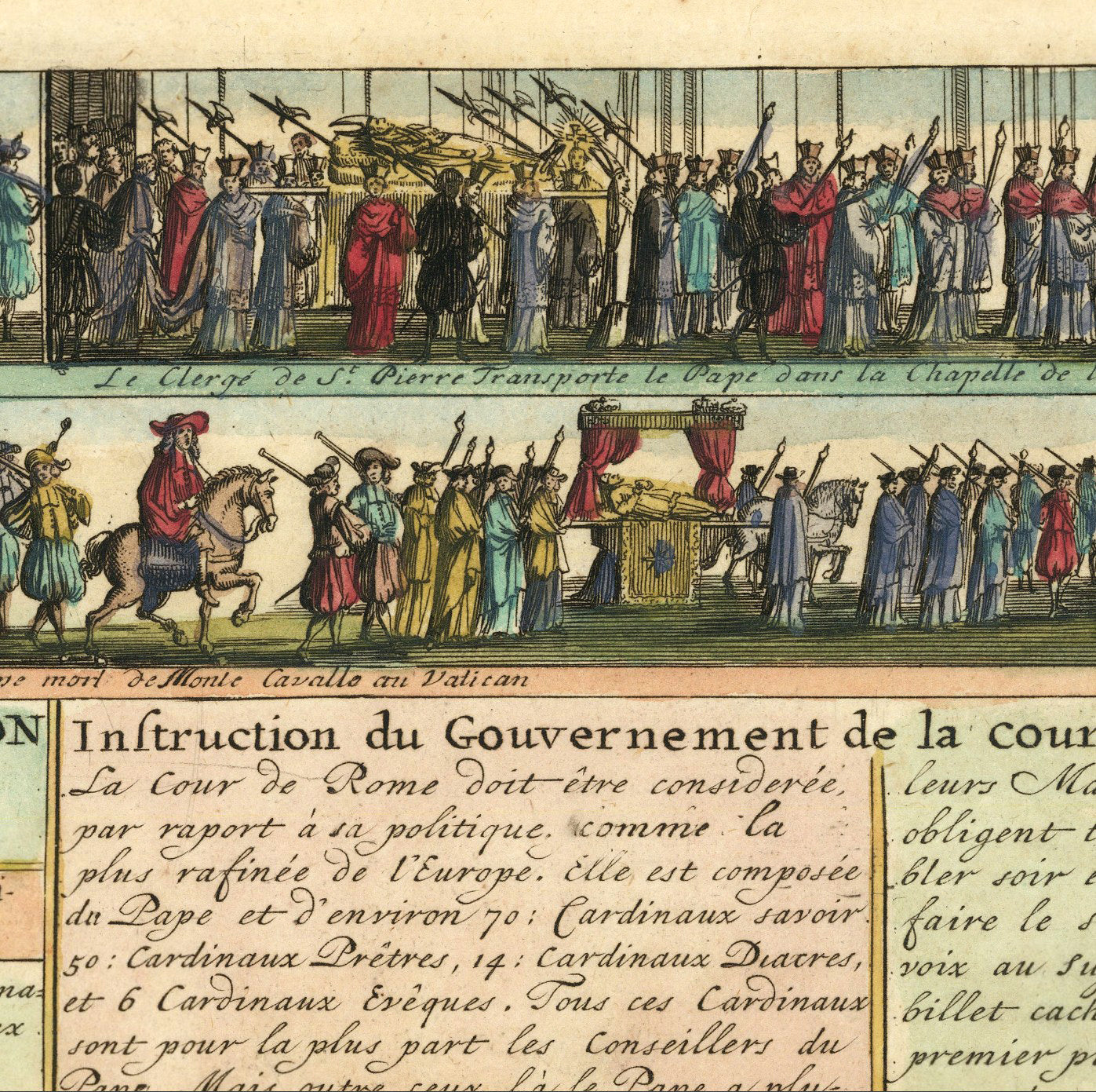 The image is a historical illustration depicting a scene of a court procession, with various figures in costumes and military formations.