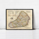 The image is a framed vintage map of the island of Barbados, showing the various geographical features and locations of the island.