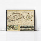 The image is a framed vintage map of the island of Malta, depicting the country's geographical layout and surrounding areas.