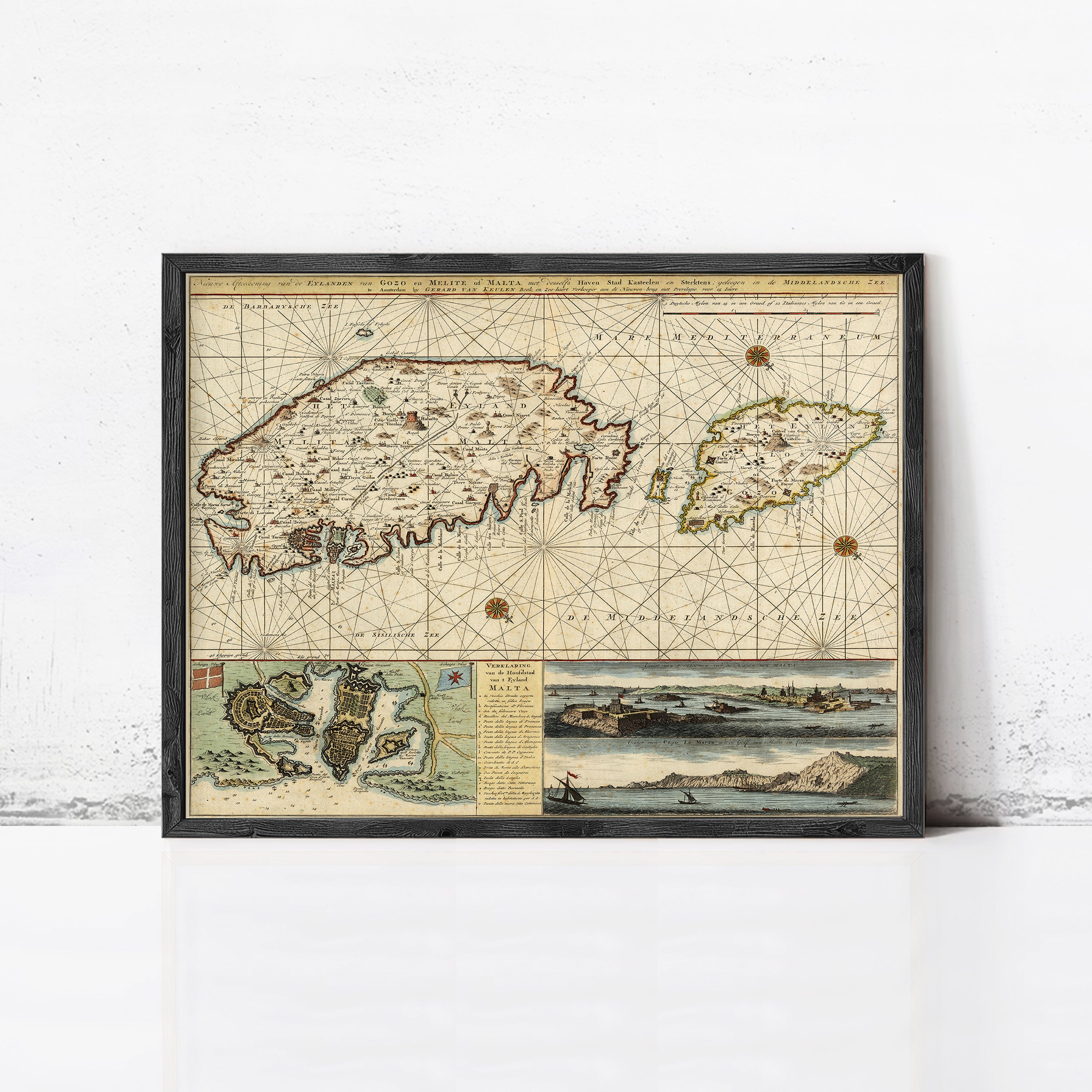 The image is a framed vintage map of the island of Malta, depicting the country's geographical layout and surrounding areas.