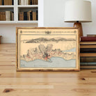 a framed map of a coastal city, with a bookshelf and a lamp in the background.