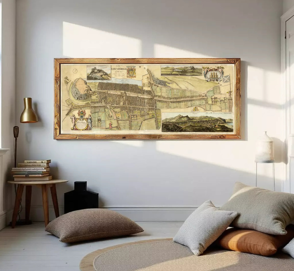 The image is a framed collage of various pictures, including a map, a landscape, and a historical scene, all set against a white wall.