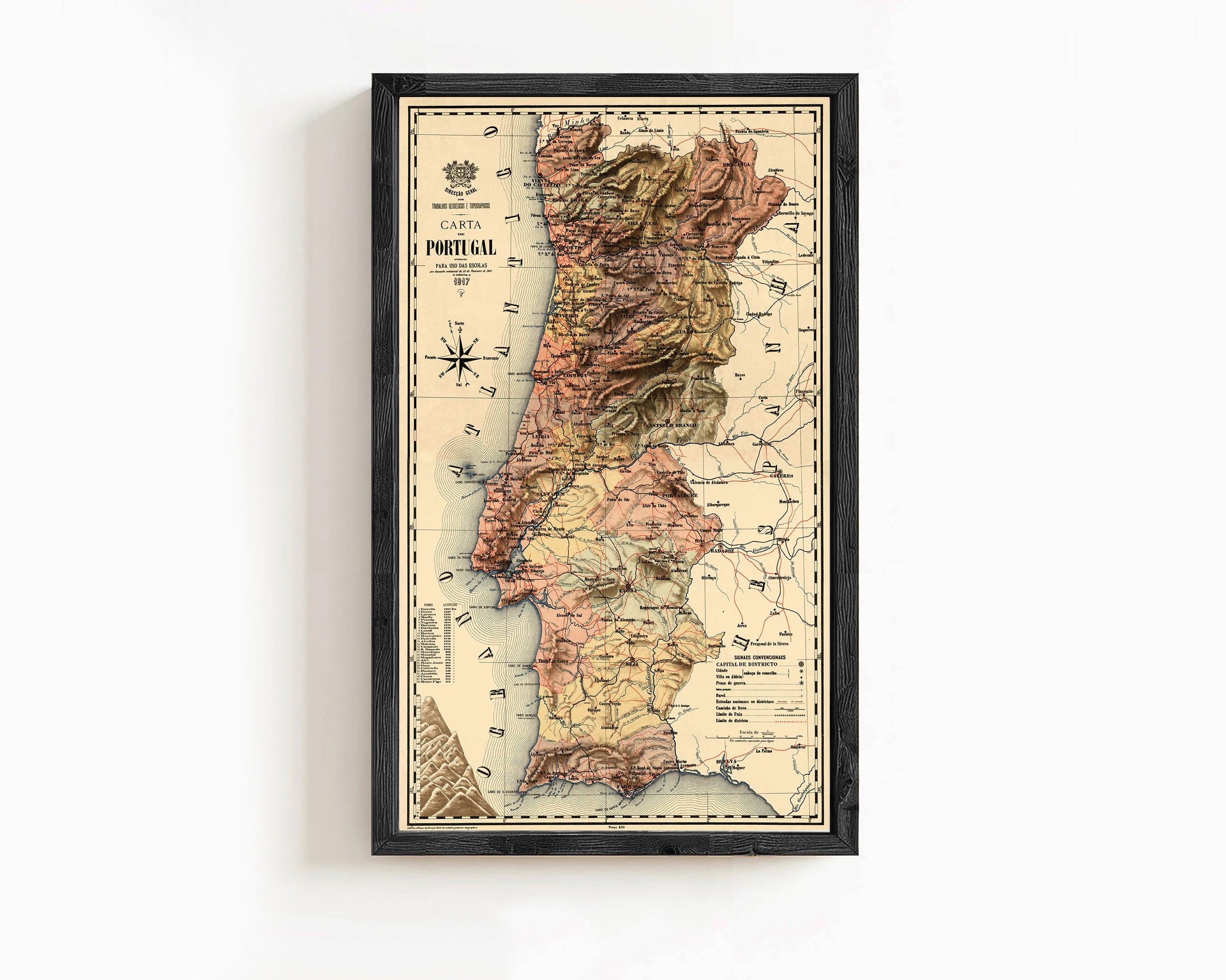 The image is a framed vintage map of Portugal, depicting the country's geographical layout and surrounding areas.