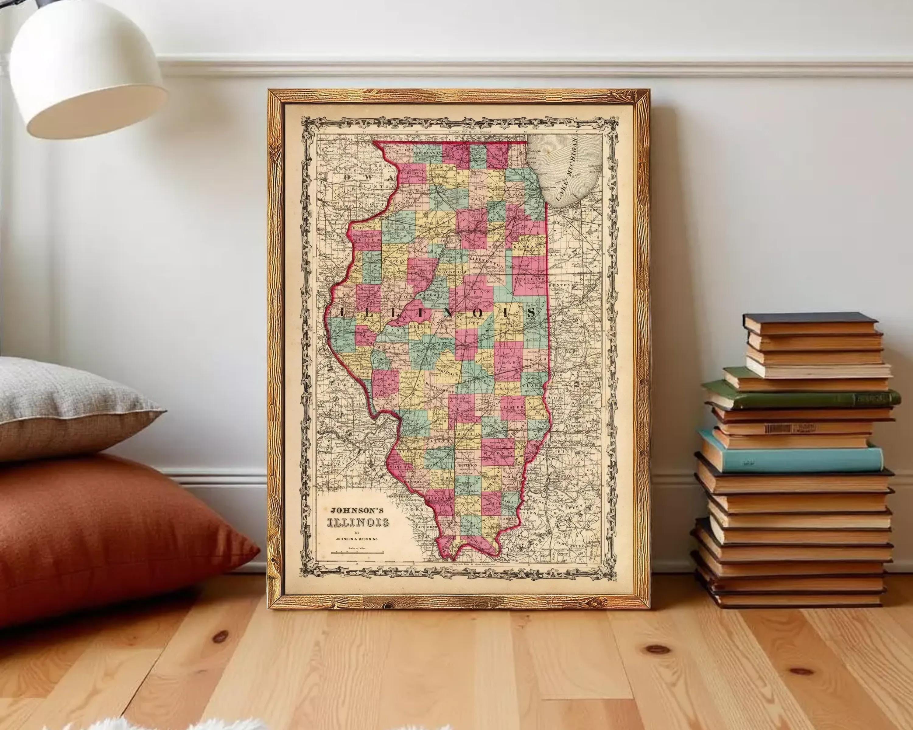 A framed map of Illinois, with the state's borders clearly marked and the name "Illinois" written in the center.