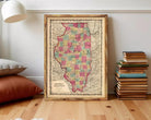 A framed map of Illinois, with the state's borders clearly marked and the name "Illinois" written in the center.