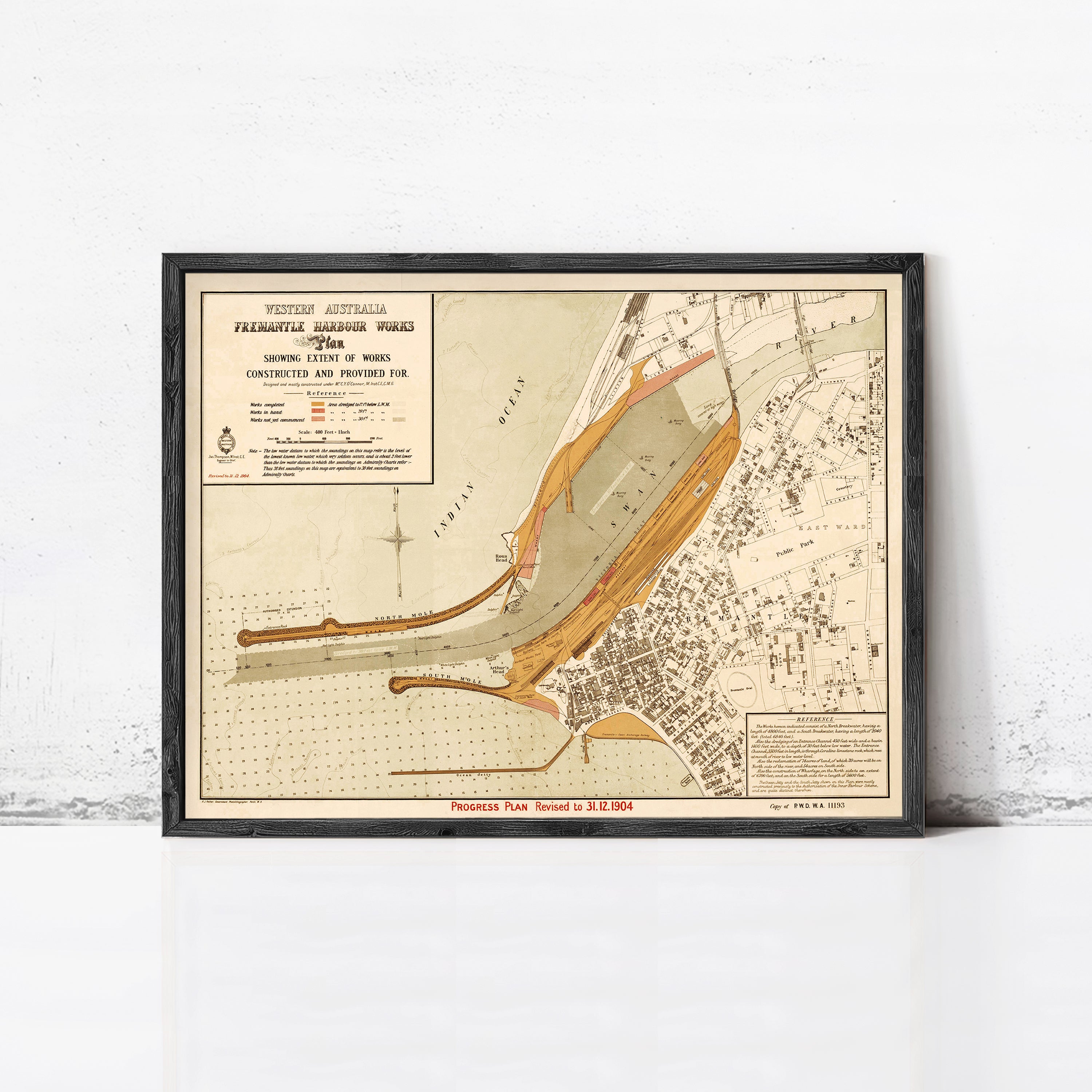 The image is a framed map of Western Australia, showing the progress of works in the region.