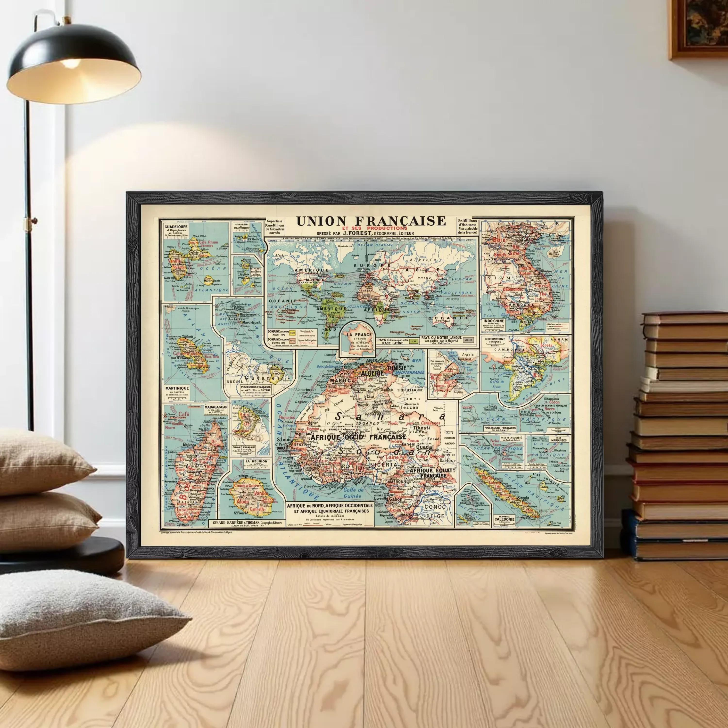 The image is a framed vintage map of France, depicting various regions and islands across the country.