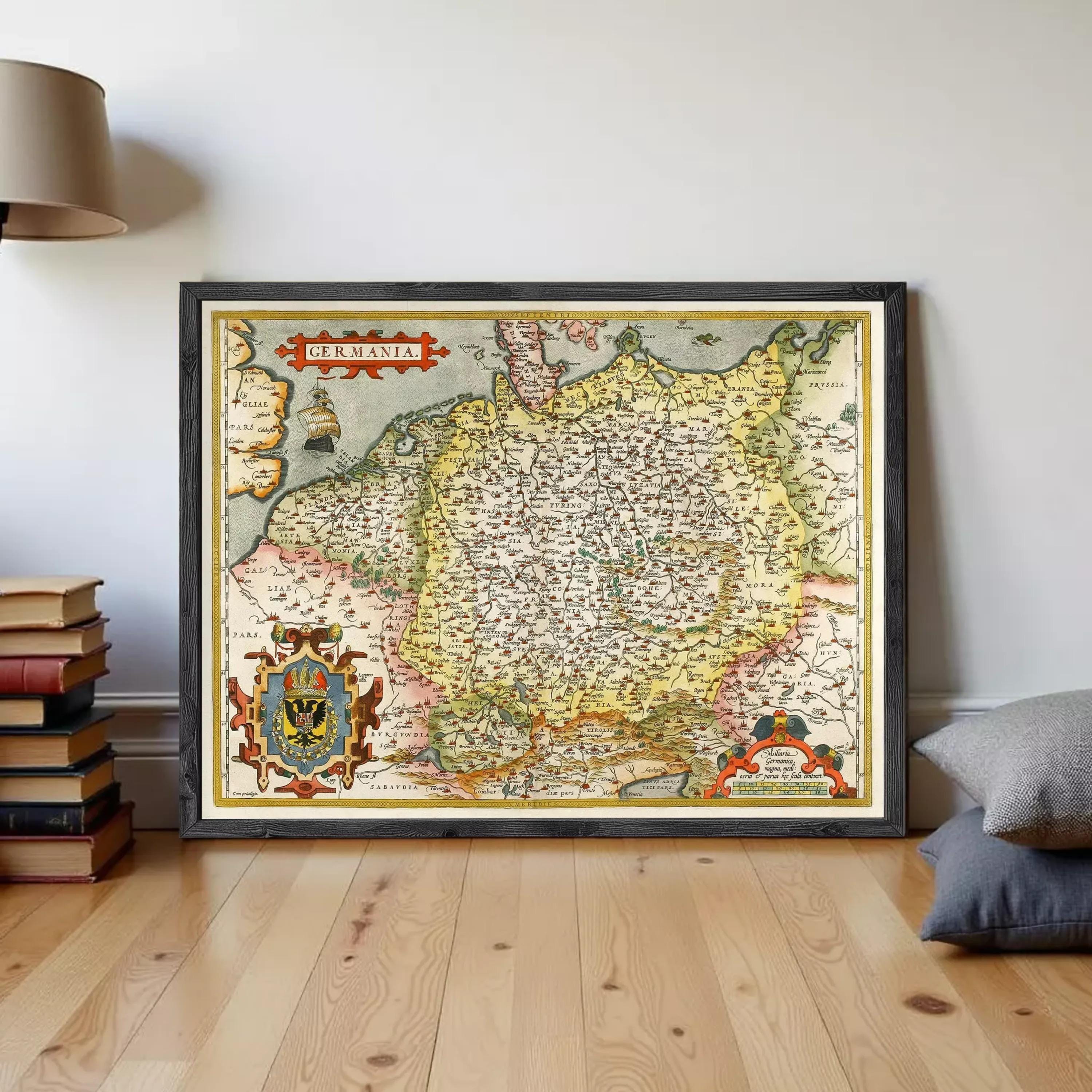 The image is a framed vintage map of Germany, featuring detailed geographical information and a decorative border.