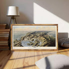 The image is a framed painting depicting a coastal landscape with mountains, water, and clouds in the background.