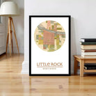 A framed map of Little Rock, Arkansas, with the text "LITTLE ROCK 34°41'N 92°19'W" printed on it.