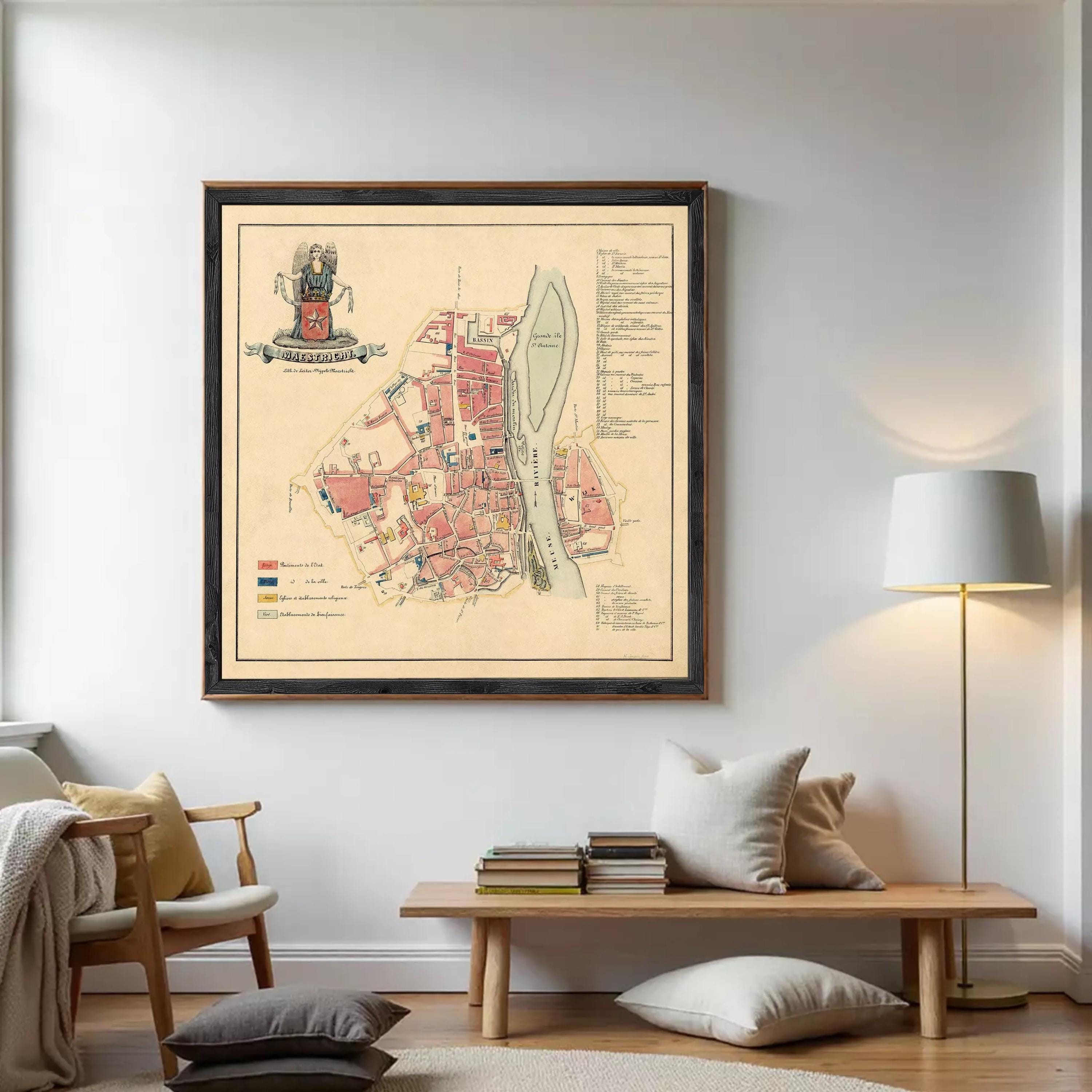 The image is a framed map of a city, likely from the Middle Ages, with a coat of arms and various labels indicating different locations and landmarks within the city.