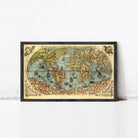 The image is a framed vintage map of the world, depicting various regions and countries with detailed cartography.