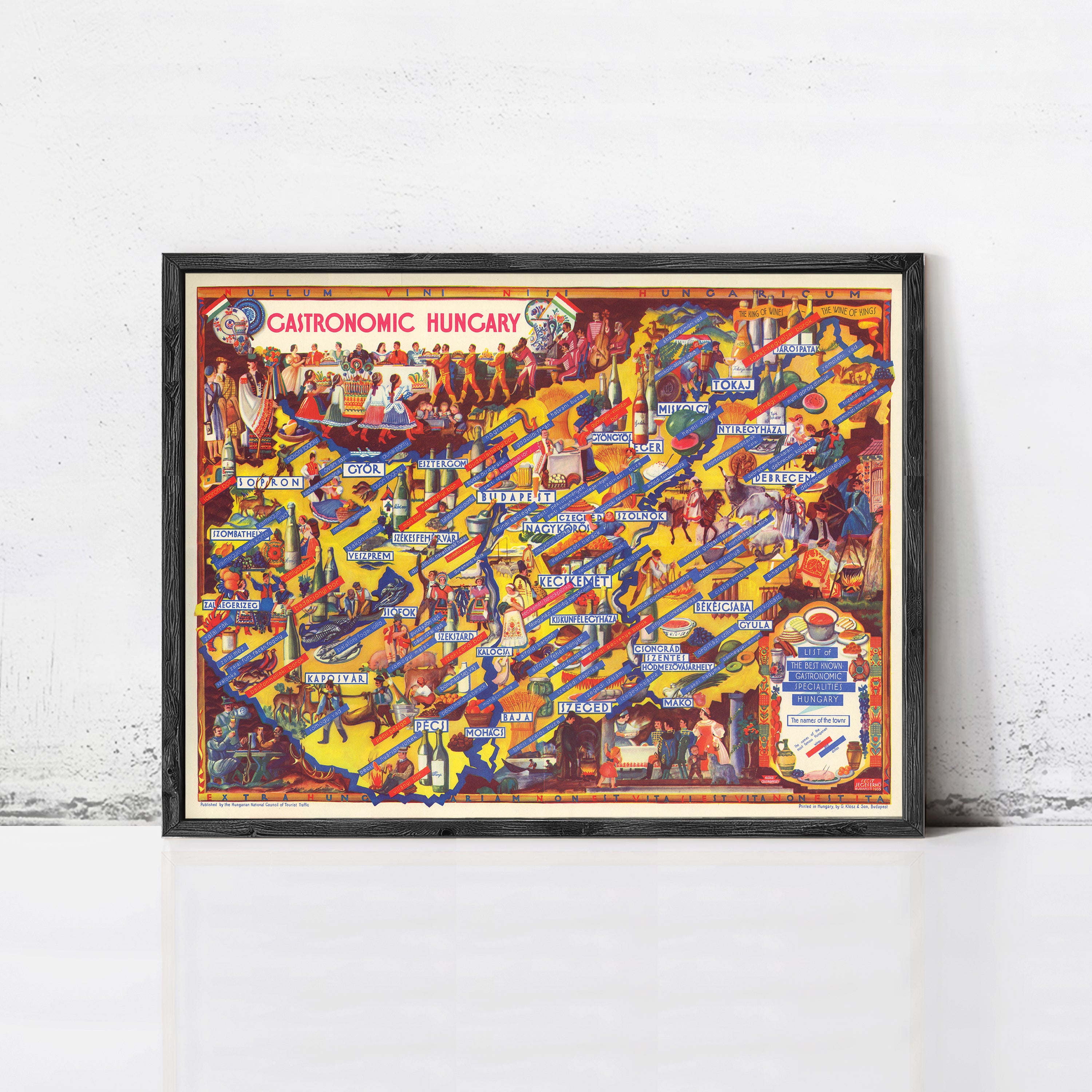 The image is a framed poster or map of the gastronomic region of Hungary, featuring various food-related icons and labels.