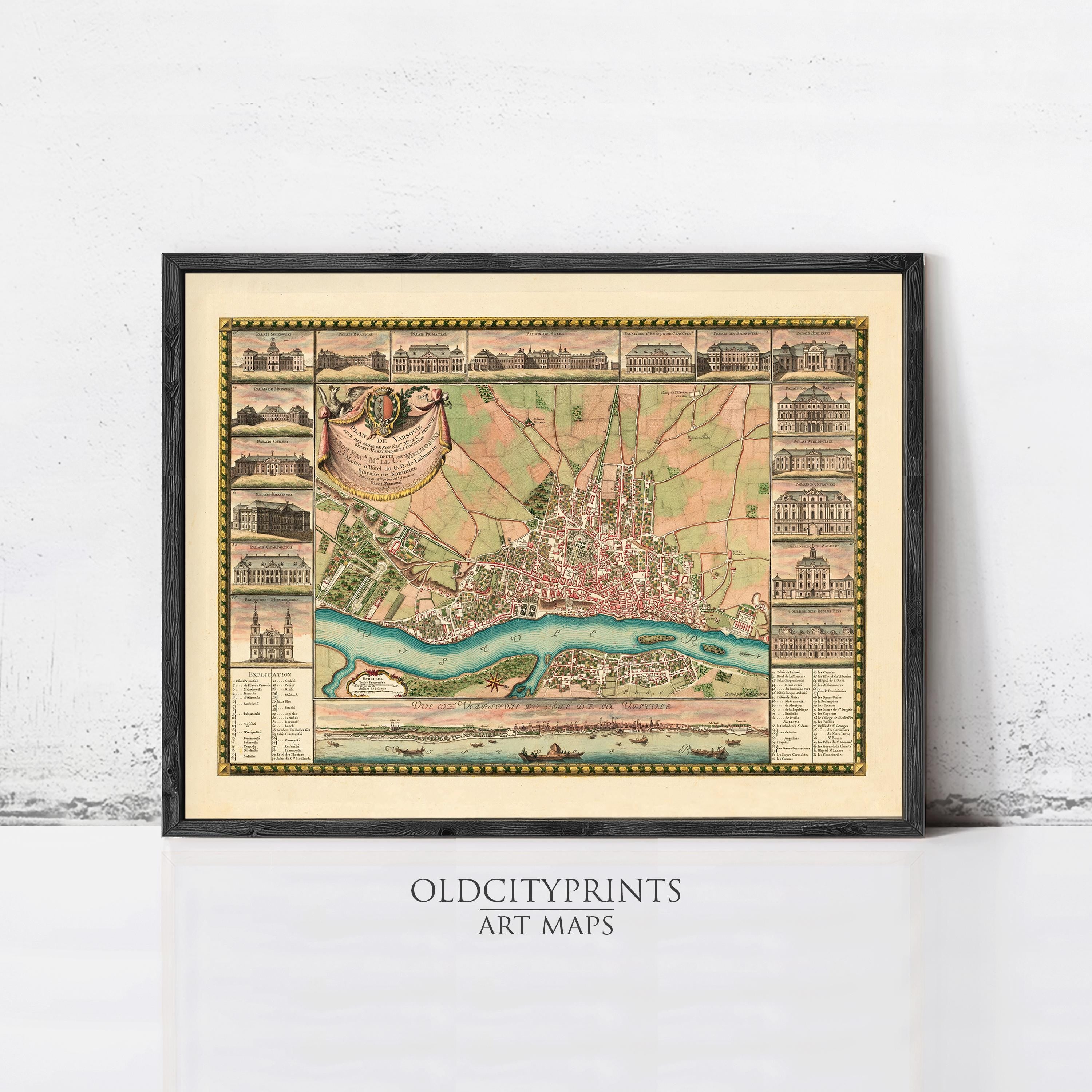 The image is a framed vintage map of a city, featuring detailed illustrations of buildings, roads, and other landmarks.