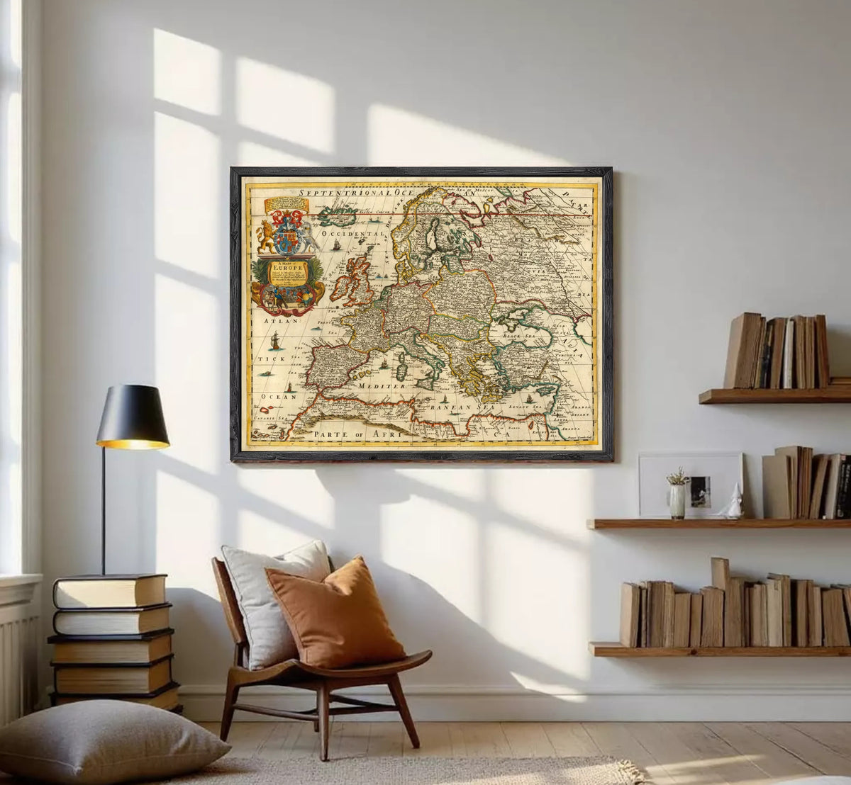 The image is a framed vintage map of Europe, depicting the continent and surrounding seas.